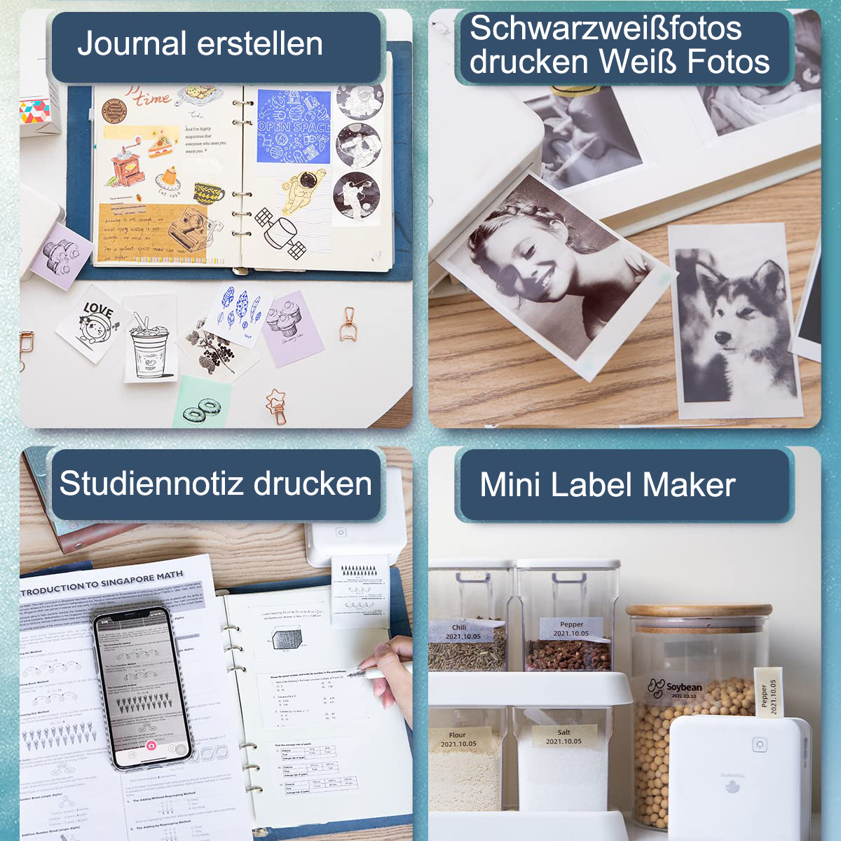 Vier Bilder, die verschiedene Anwendungen eines Etikettendruckers zeigen, z. B. das Drucken von Etiketten für Journale, Fotos und Behälter.