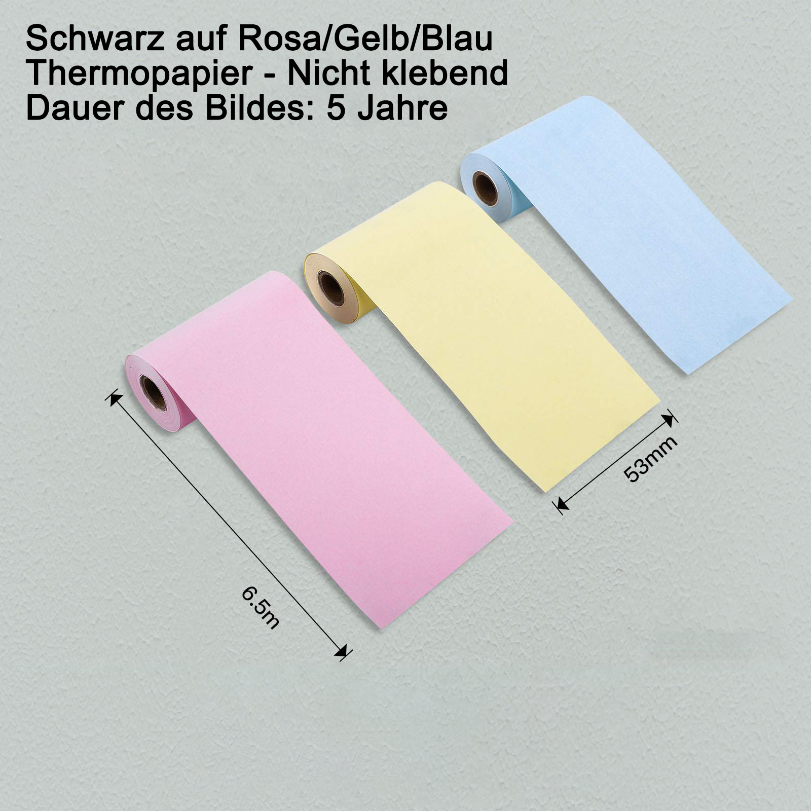 Drei Rollen farbiges Thermopapier: rosa, gelb und blau. Maße werden angegeben.