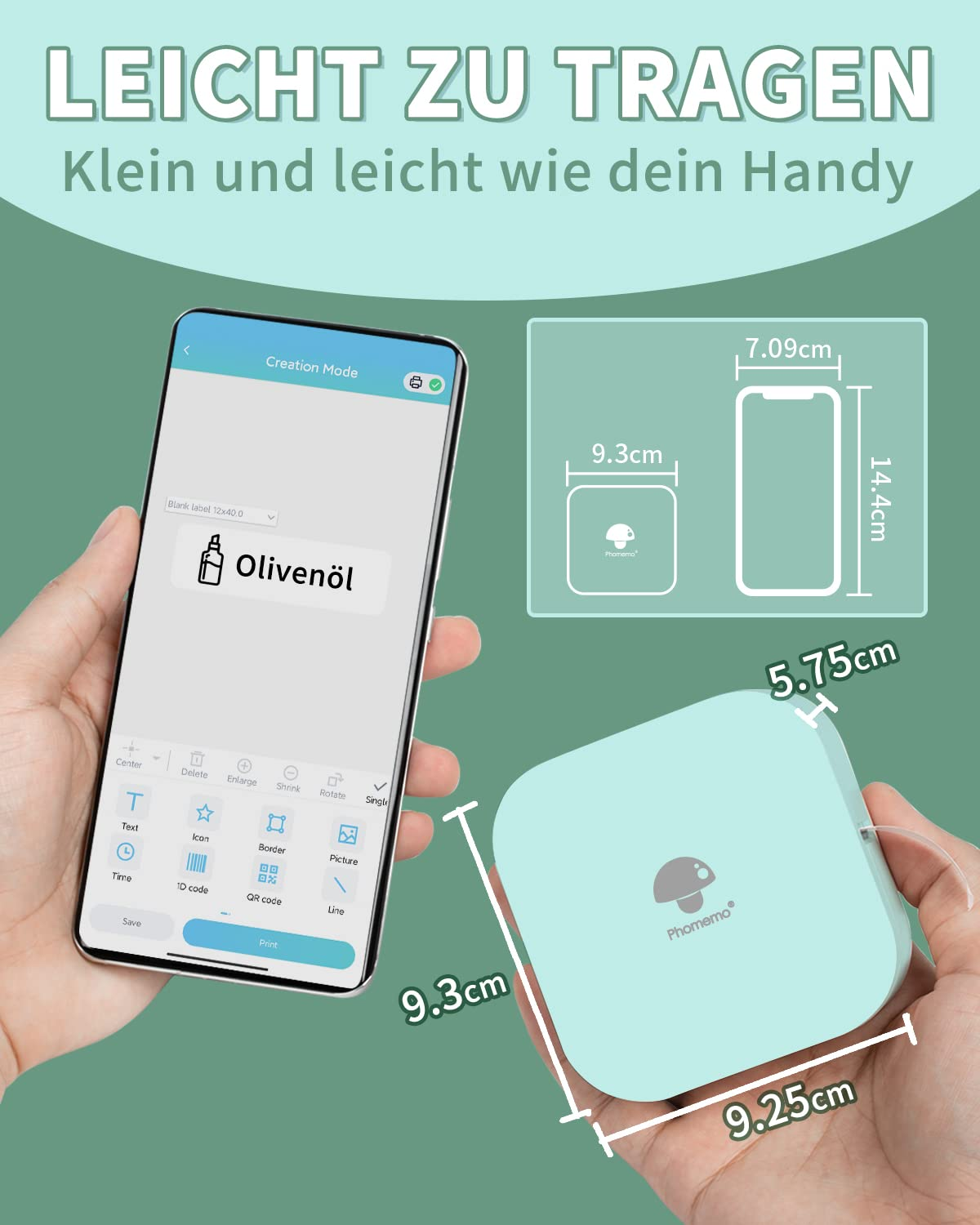 Eine Hand hält ein Telefon, das ein Etikettendesign anzeigt, neben einem Etikettendrucker und einem objekt in Telefon-Größe.