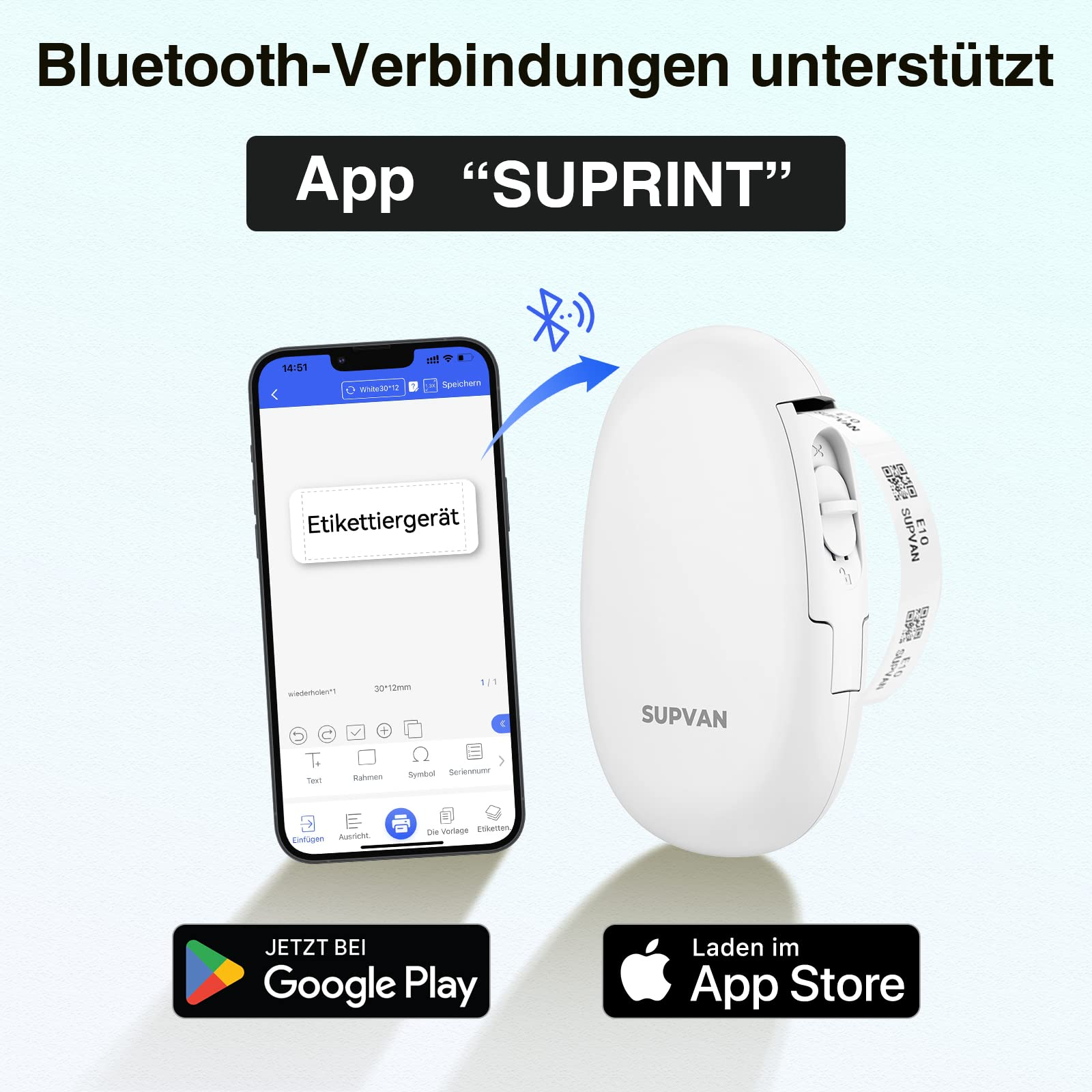 Weißer Etikettendrucker mit Telefon, das die App und ein Bluetooth-Symbol anzeigt.
