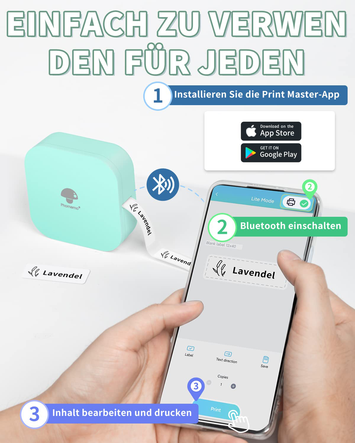 Person hält Etikettendrucker und Telefon und zeigt die Einrichtung.