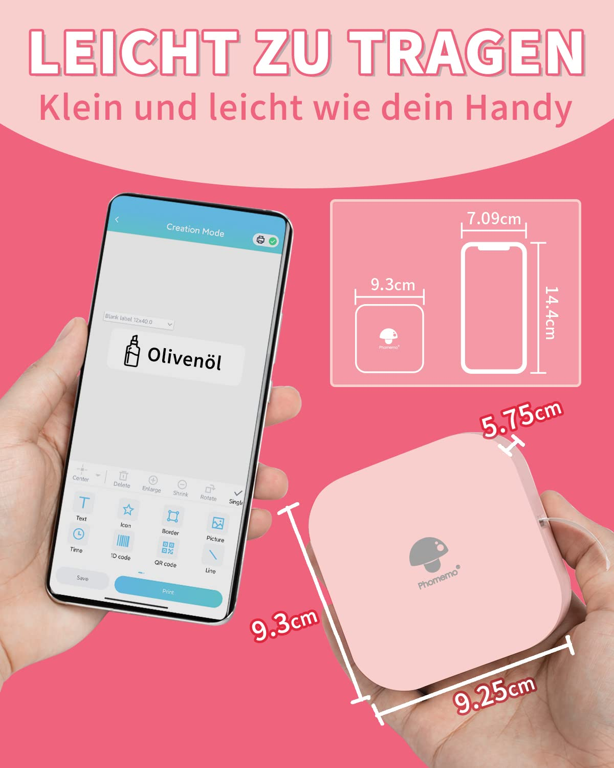 Eine Hand, die einen rosa Etikettendrucker hält, neben einem Telefon, das ein Etikettendesign und ein Objekt in Telefon-Größe anzeigt.