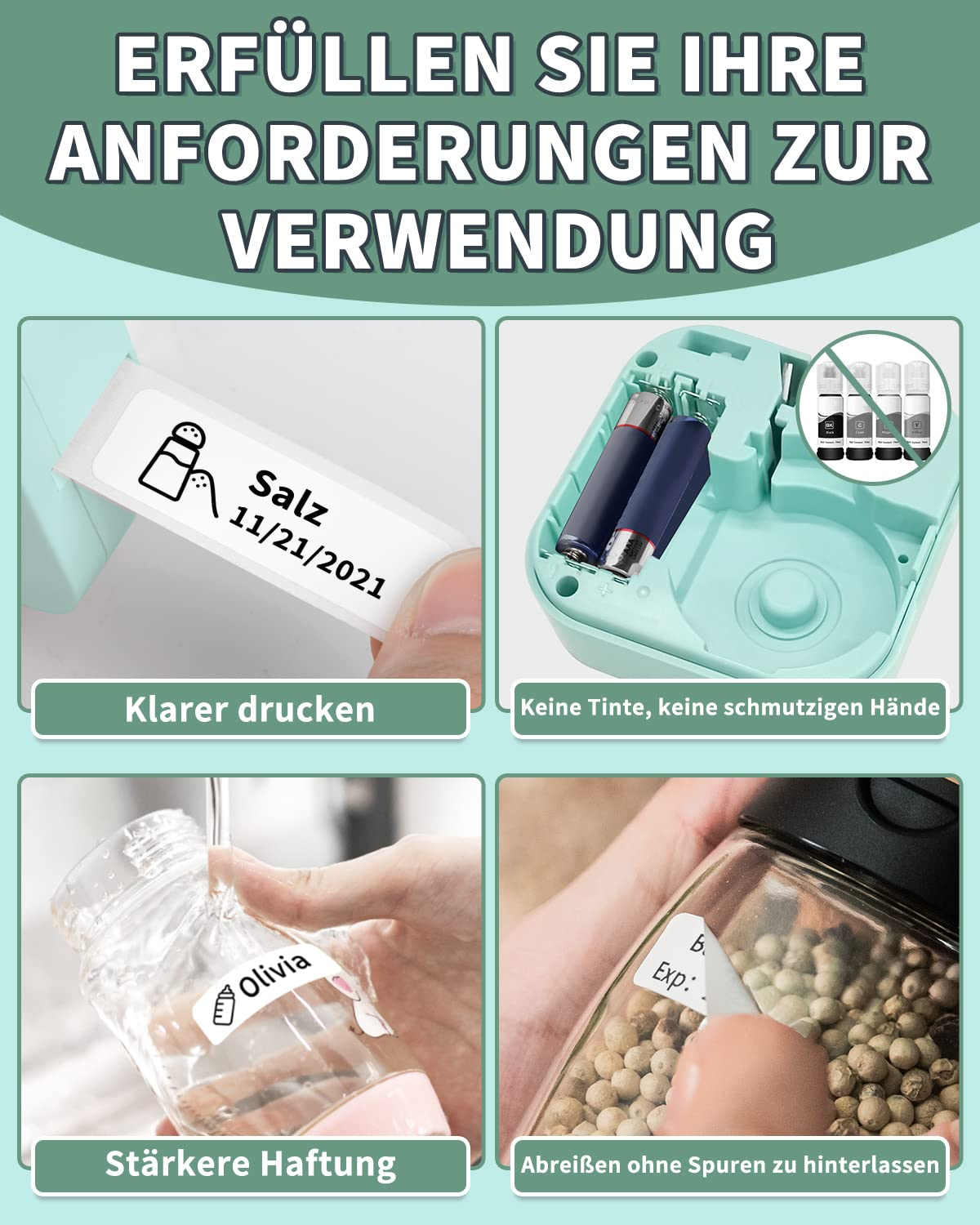 Nahaufnahmen von gedruckten und angebrachten Etiketten, die Funktionen demonstrieren.