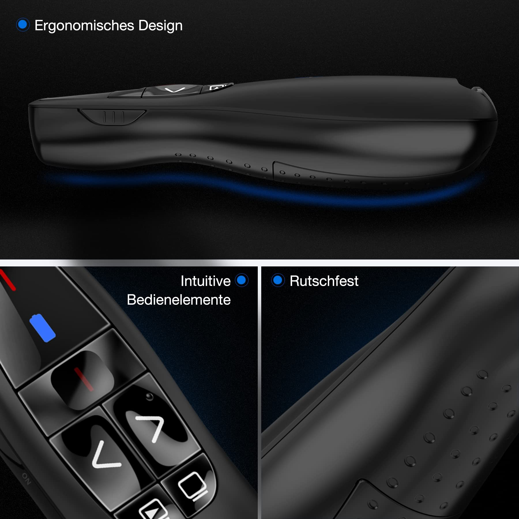 Nahaufnahmen einer schwarzen Präsentationsfernbedienung, die ergonomisches Design, Tasten und einen strukturierten Griff zeigen.