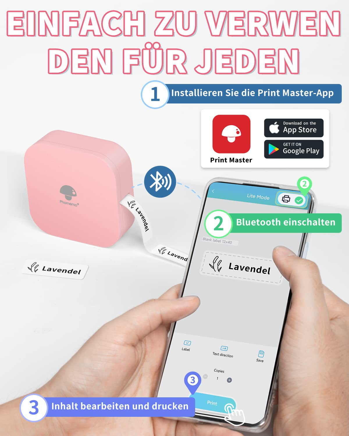Person hält Etikettendrucker und Telefon, zeigt die Einrichtungsschritte.