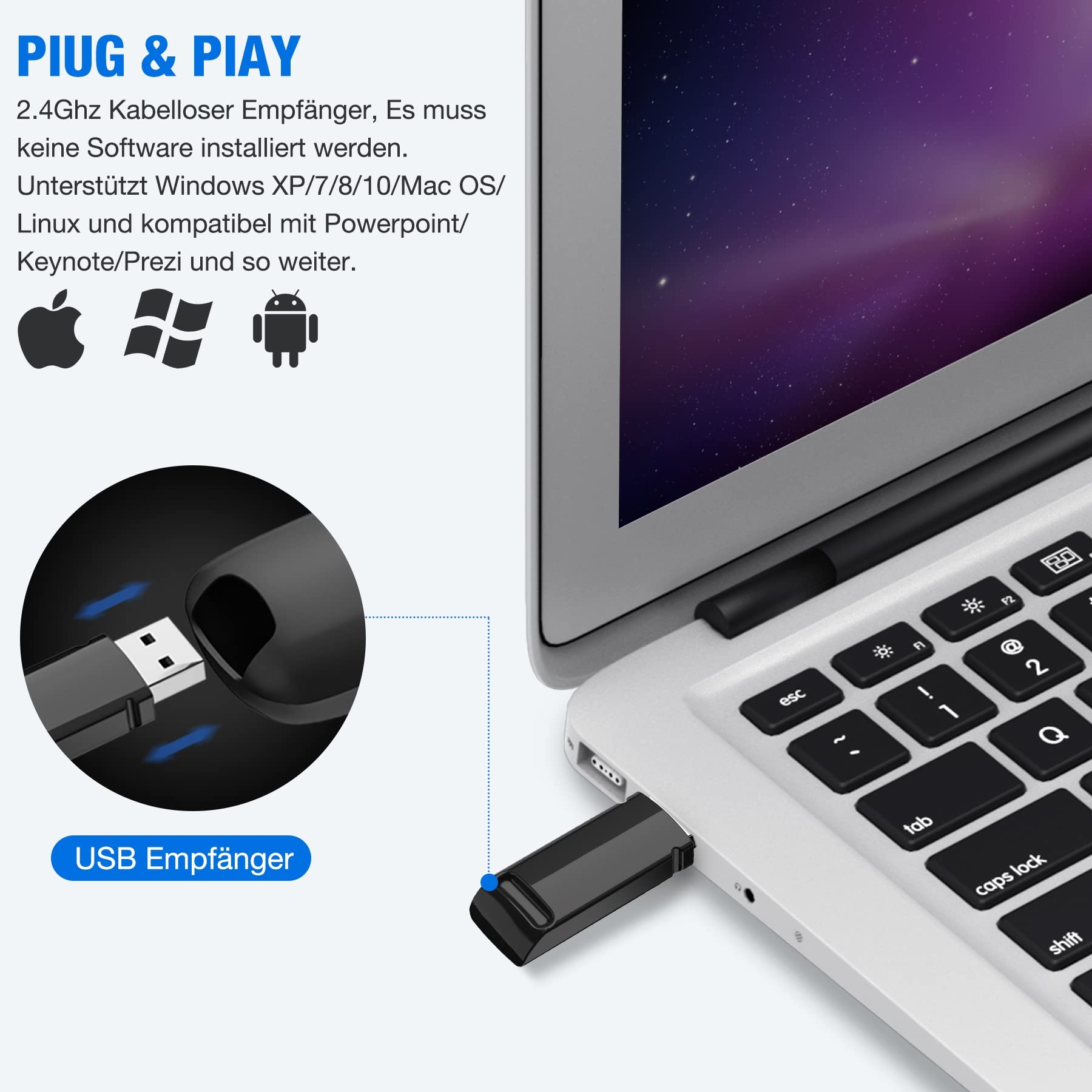 Ein USB-Empfänger ist an einen Laptop angeschlossen, mit einem USB-Kabel und der Tastatur des Laptops sichtbar.