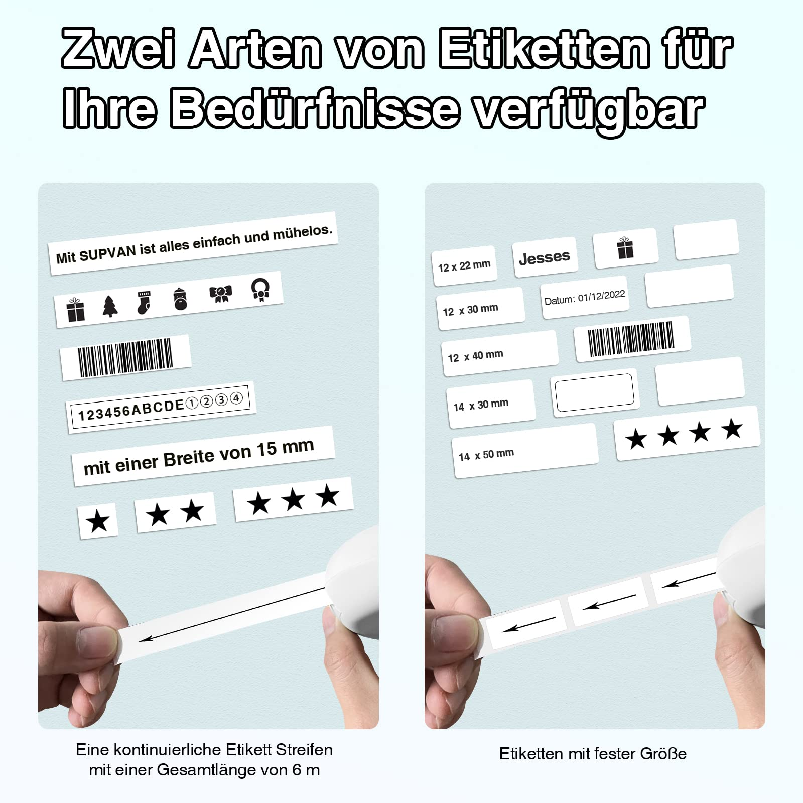 Hände halten einen Etikettendrucker und Etiketten. Text auf den Etiketten enthält Barcodes, Text und Sterne.
