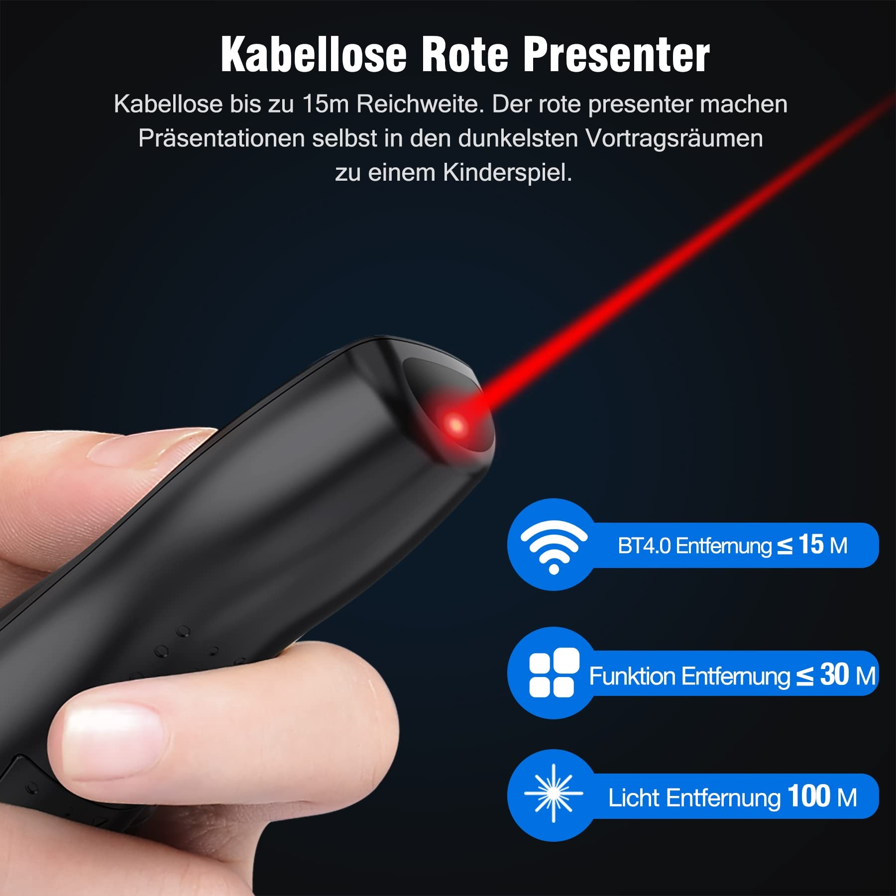 Eine schwarze Fernbedienung mit rotem Laserpointer wird von einer Hand gehalten. Text zeigt BT4.0, Funktion und Lichtentfernung.