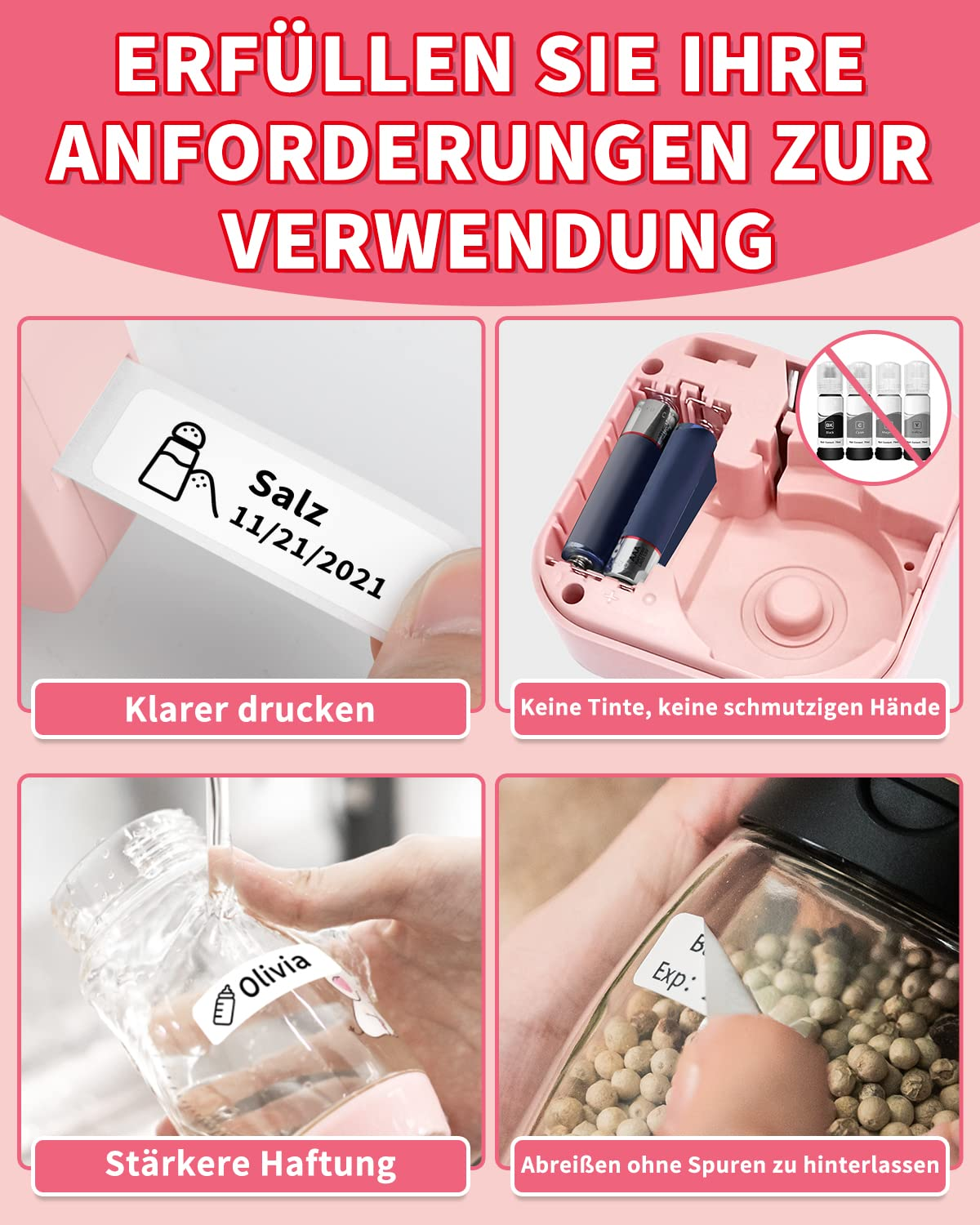Nahaufnahmen von gedruckten und angebrachten Etiketten, die Funktionen demonstrieren.