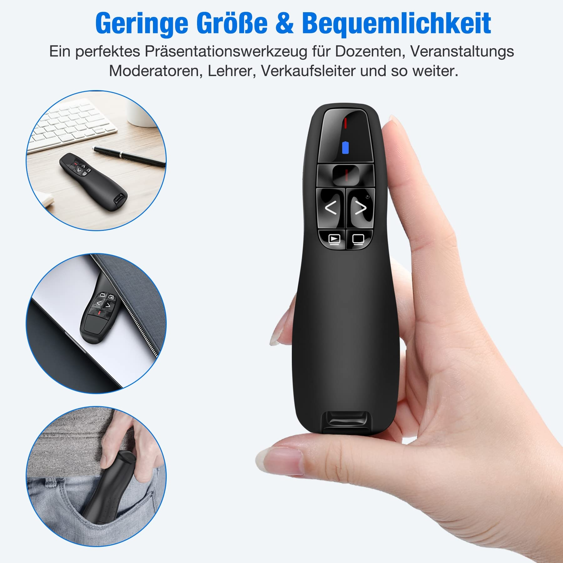 Eine schwarze Präsentationsfernbedienung in der Hand. Es hat Knöpfe und ein blaues Licht, mit anderen Bildern darum.