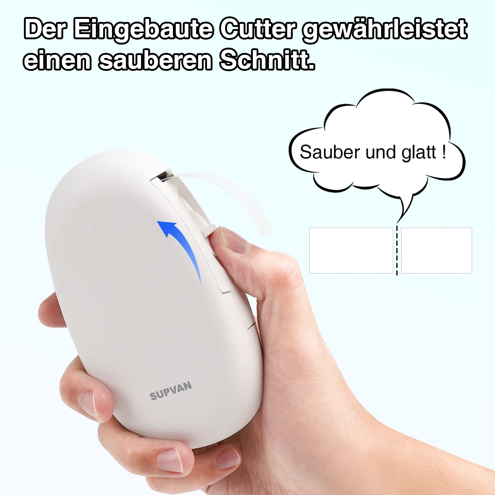 Eine Hand hält ein weißes Gerät, mit einem blauen Pfeil, der auf einen Schnitt zeigt. Textblase: 'Sauber und glatt'.