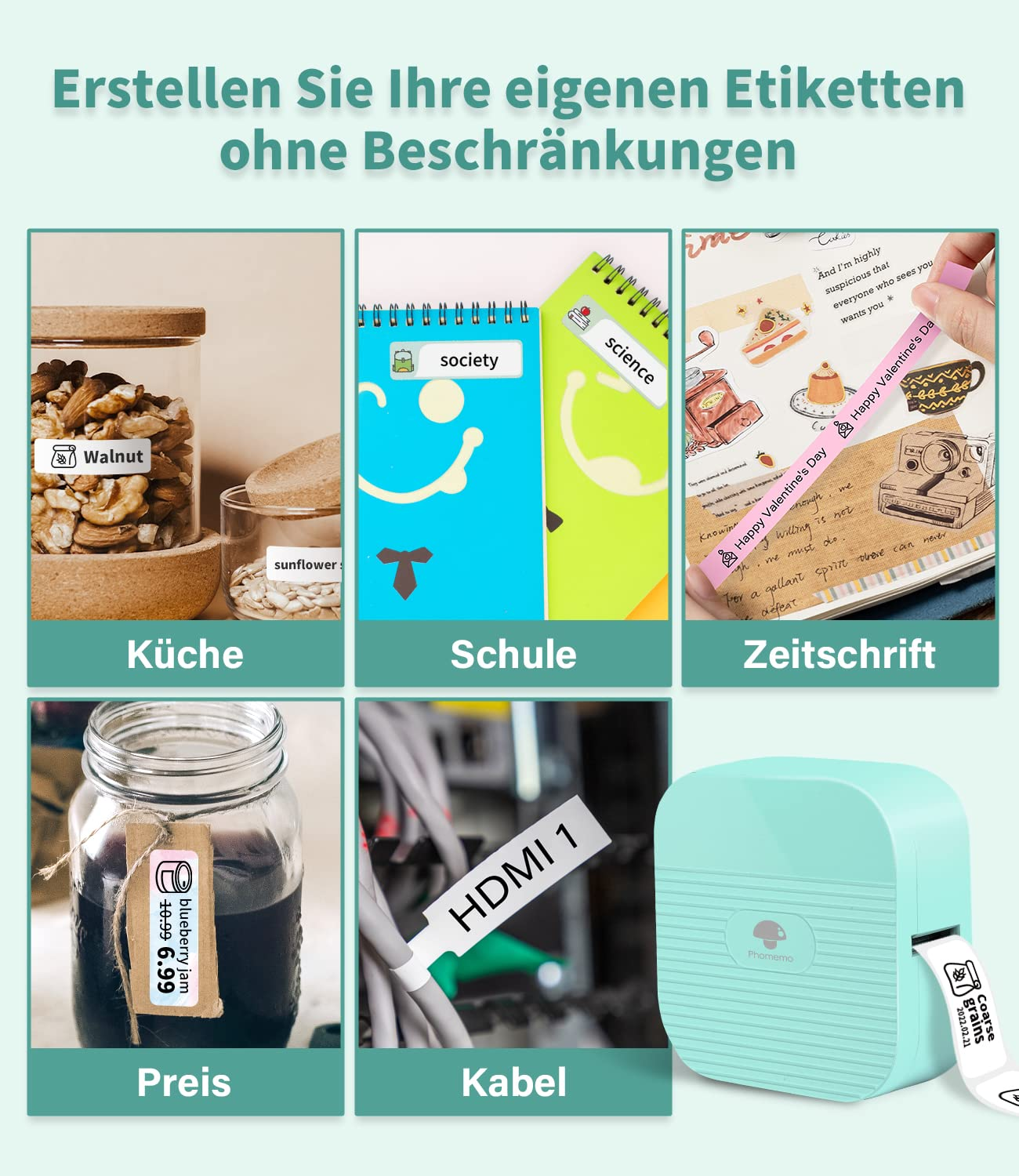 Eine Collage von Etiketten auf verschiedenen Artikeln und ein mintgrüner Etikettendrucker. Etiketten enthalten 'Walnuss', 'Gesellschaft', 'HDMI 1'.