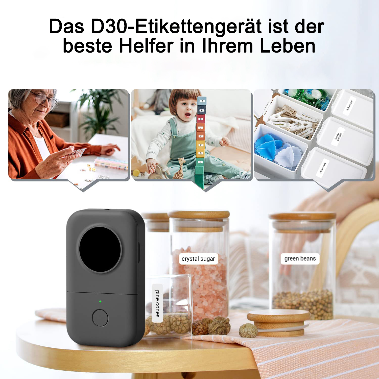Ein grauer Etikettendrucker mit Etiketten im Einsatz, zusammen mit verschiedenen Gläsern mit Zutaten.