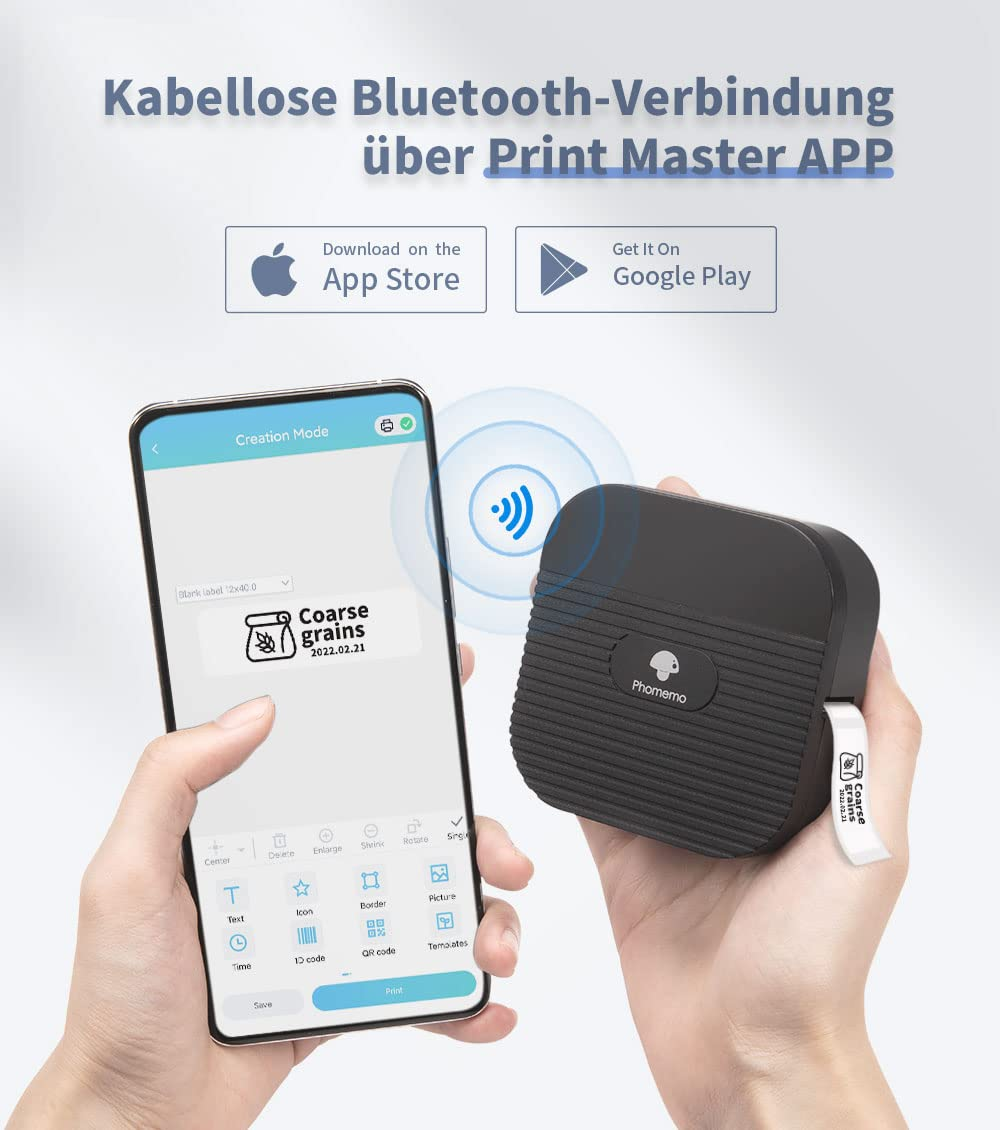Eine Person verwendet einen Etikettendrucker und ein Smartphone, um ein Etikett zu entwerfen und zu drucken.