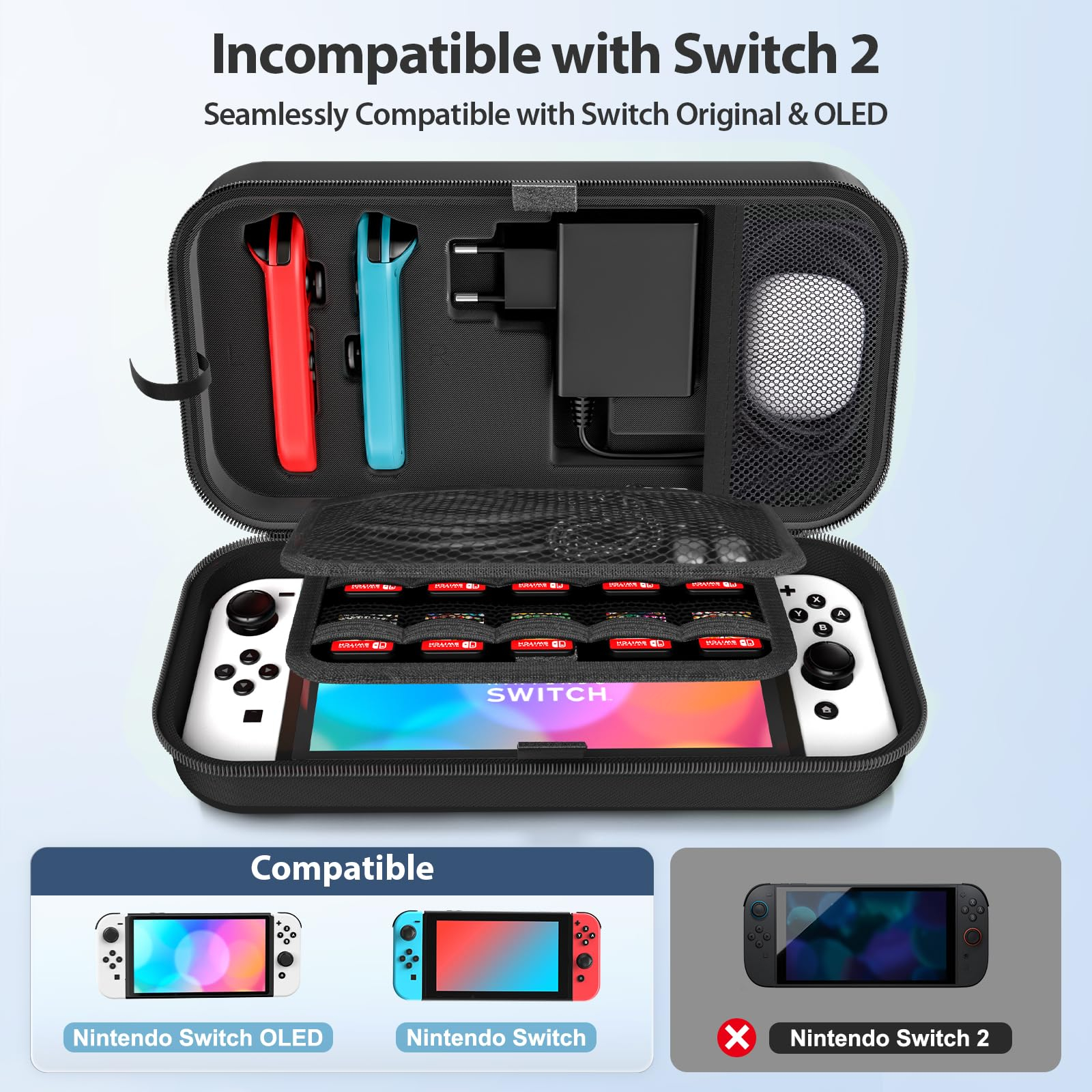 Eine schwarze Hülle, offen, zeigt eine Nintendo Switch, Controller und Spielkassetten. Text zeigt Switch-Kompatibilität an.