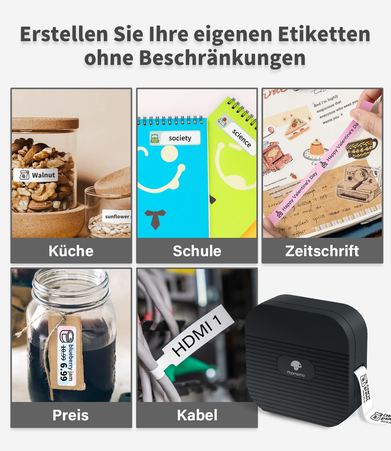 Collage von Etiketten auf verschiedenen Gegenständen: Gläser, Notizbücher, Drähte und ein Etikettendrucker.