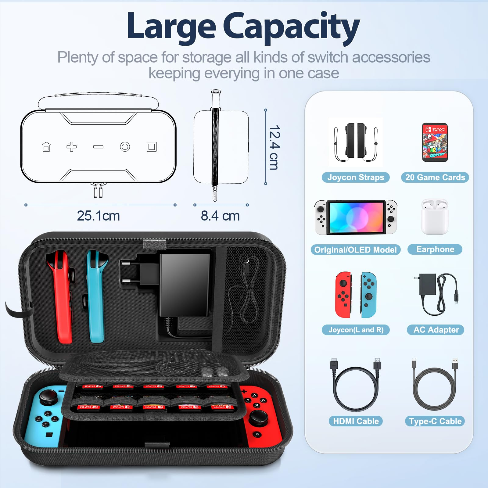 Eine schwarze Hülle mit Nintendo Switch-Zubehör, Abmessungen beschriftet. Verschiedenes Zubehör wird gezeigt, einschließlich Controllern.