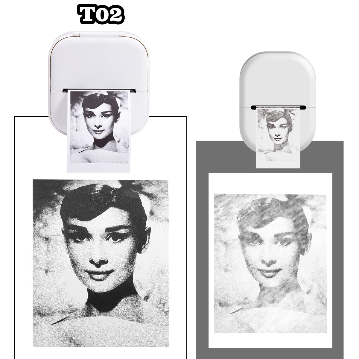 Zwei weiße Drucker, die Audrey Hepburn-Bilder drucken. Einer zeigt einen detaillierten Druck, der andere einen Skizzenstil.