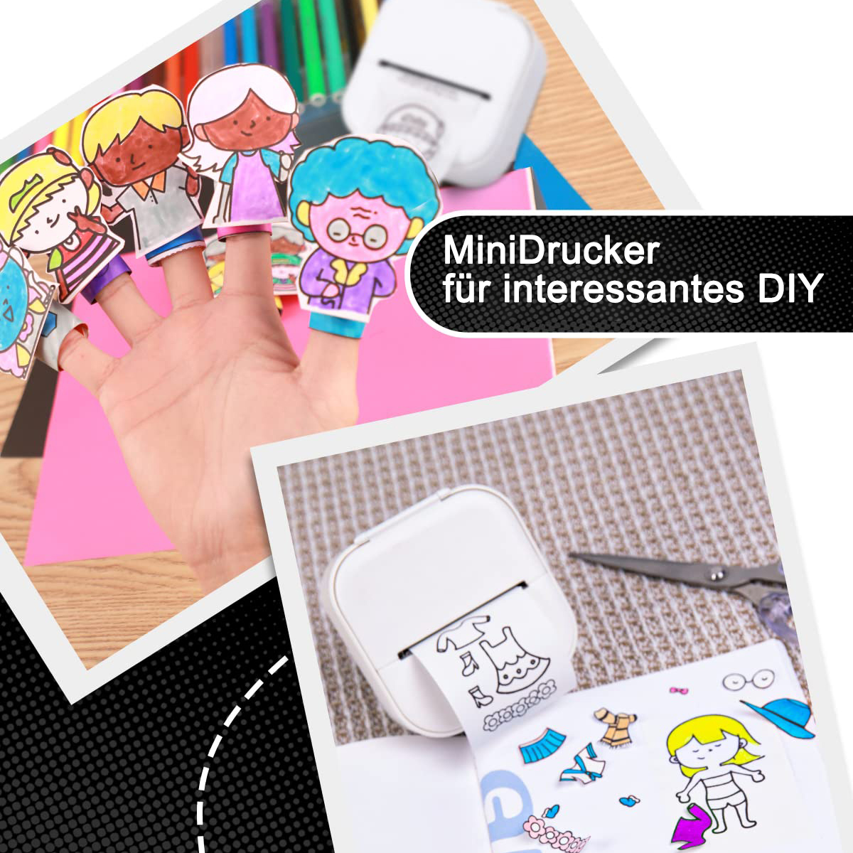 Hand, die Papier-Fingerpuppen hält, mit einem Mini-Drucker im Hintergrund mit gedruckten Etiketten.