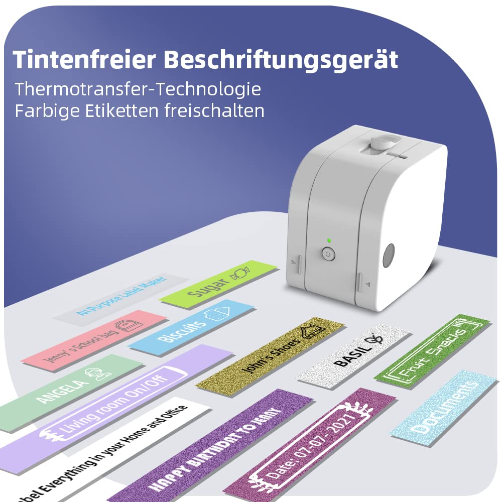 Ein weißer Etikettendrucker mit verschiedenen bunten Etiketten. Die Etiketten haben Texte wie 'Zucker' und 'Dokumente'.
