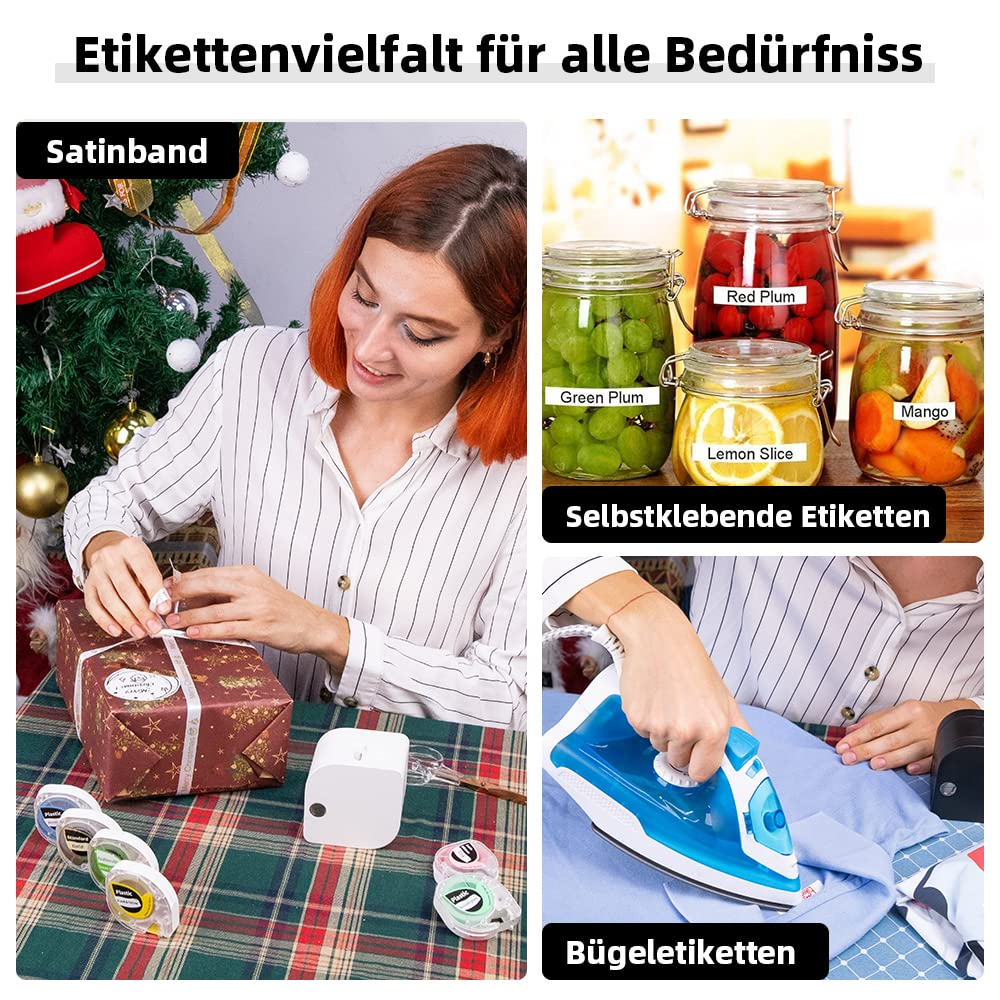 Eine Frau, die ein Geschenk einpackt, Gläser mit Obst und eine Person, die ein Hemd bügelt, mit Etiketten.