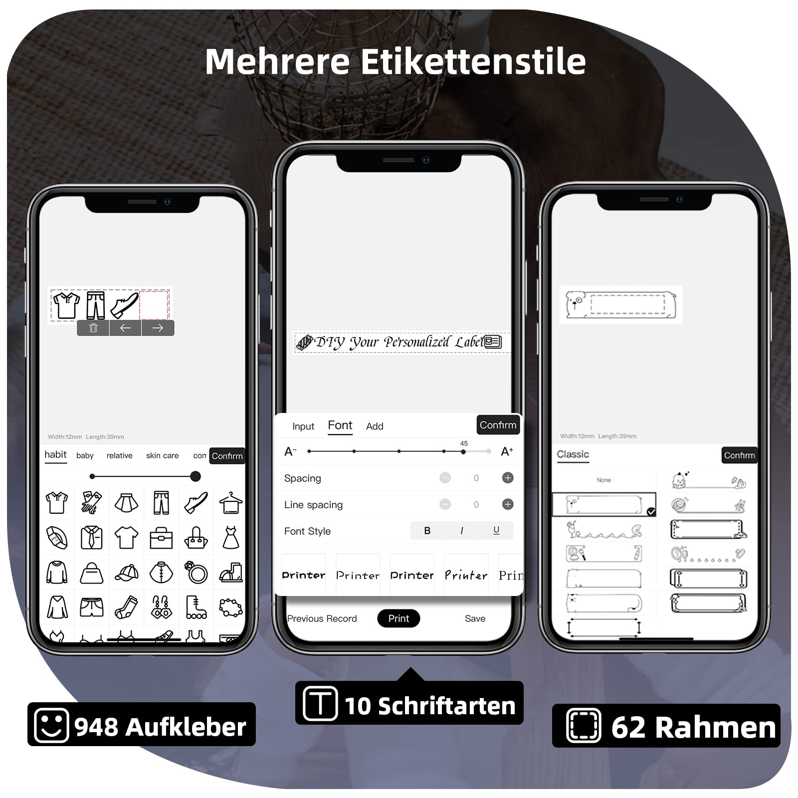 Drei Smartphones, die Etikettendesigns anzeigen. Symbole und Text sind für Anpassungsoptionen sichtbar.