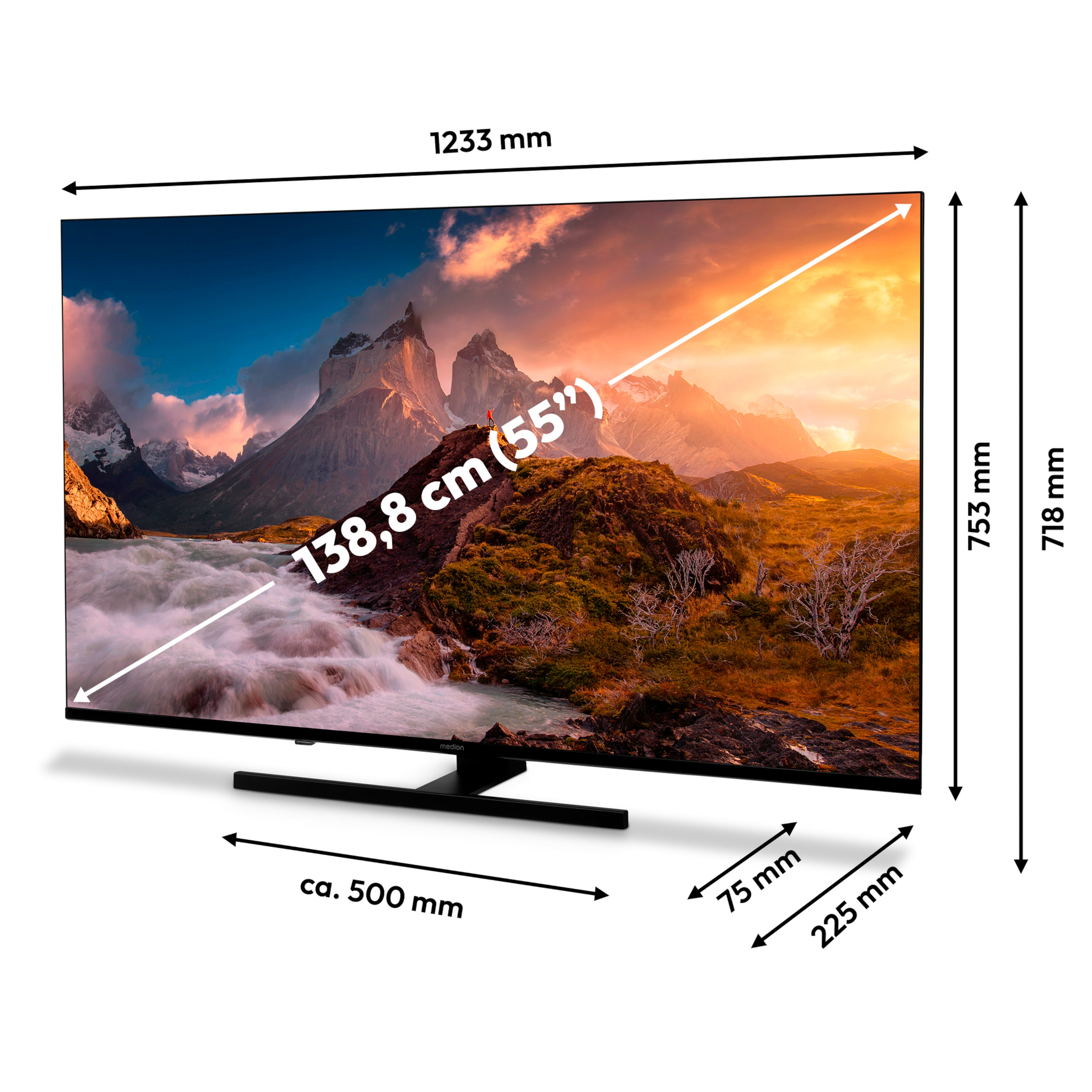 Ein Fernseher zeigt eine Landschaft mit Maßen. Der Fernseher steht auf einem Ständer. Messungen sind beschriftet.