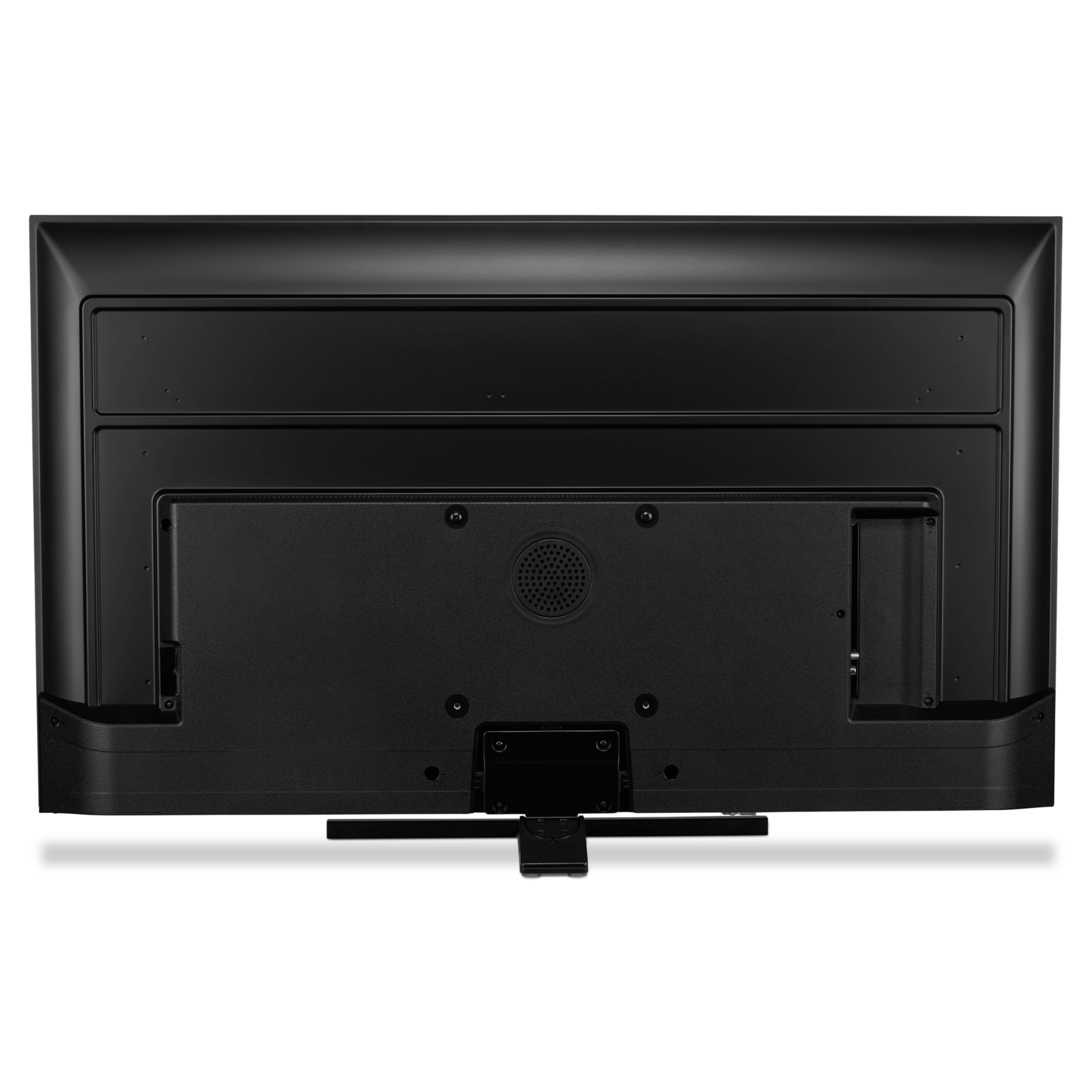Die Rückseite eines schwarzen Fernsehers, die Lautsprecher, Anschlüsse und die Halterung zeigt. Der Fernseher ist rechteckig und hat ein dunkles Design.