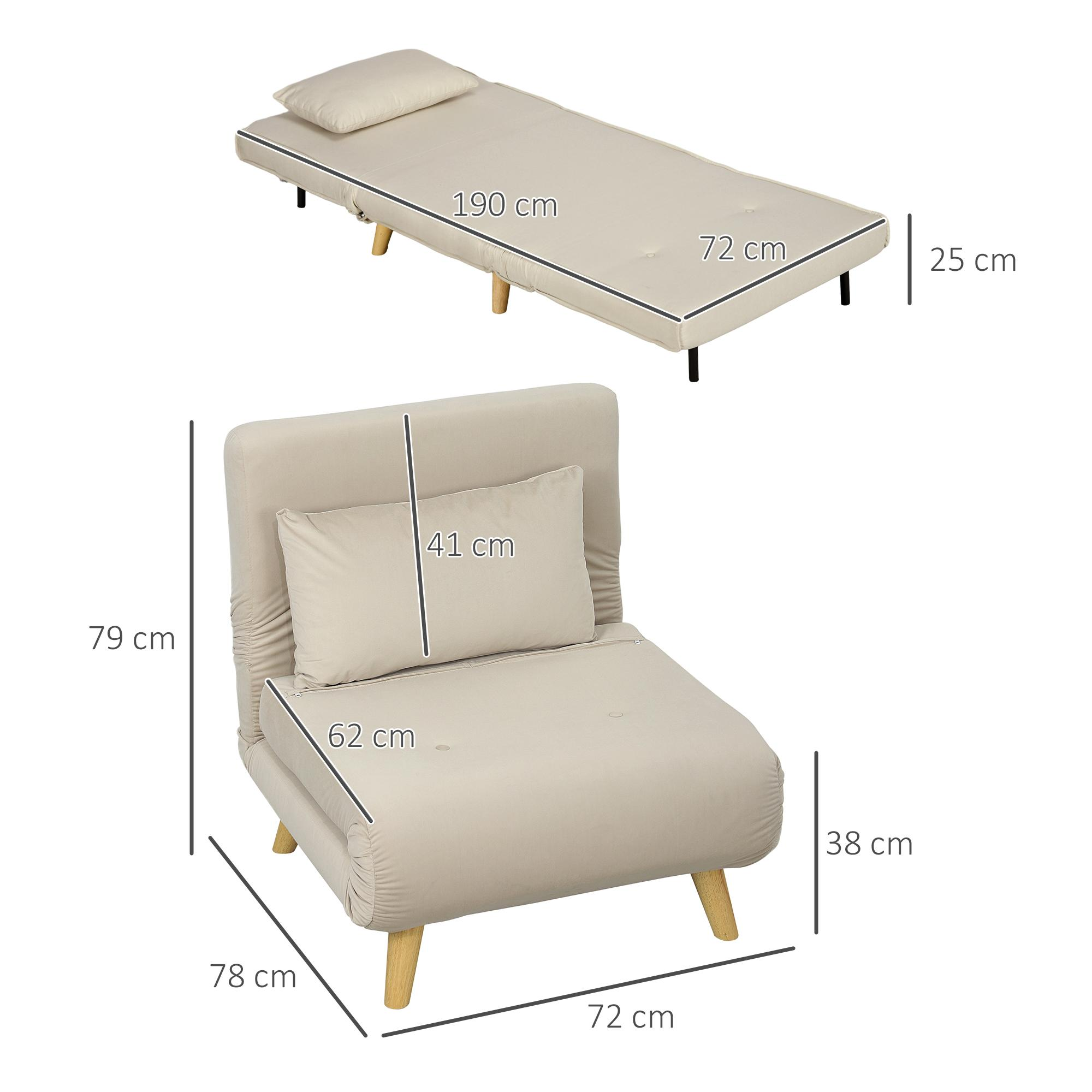 Ein faltbares beigefarbenes Stuhl-Bett, mit Maßen. Draufsicht gefaltet, Untersicht als Stuhl.
