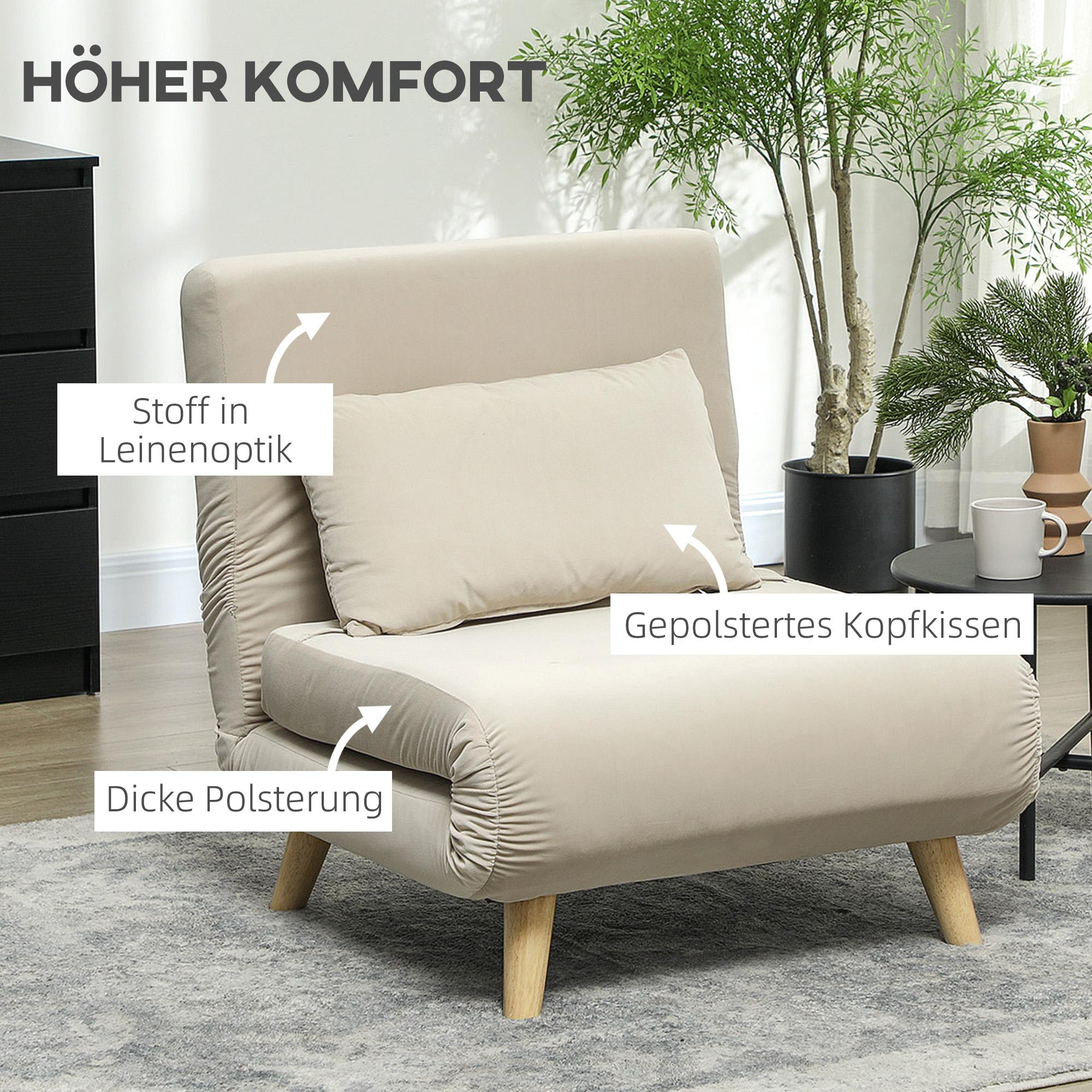 Ein beiger Stuhl mit Kissen, dicker Polsterung und Holzbeinen. Textbeschriftungen heben Stoff in Leinenoptik und gepolsterte Kopfstütze hervor.