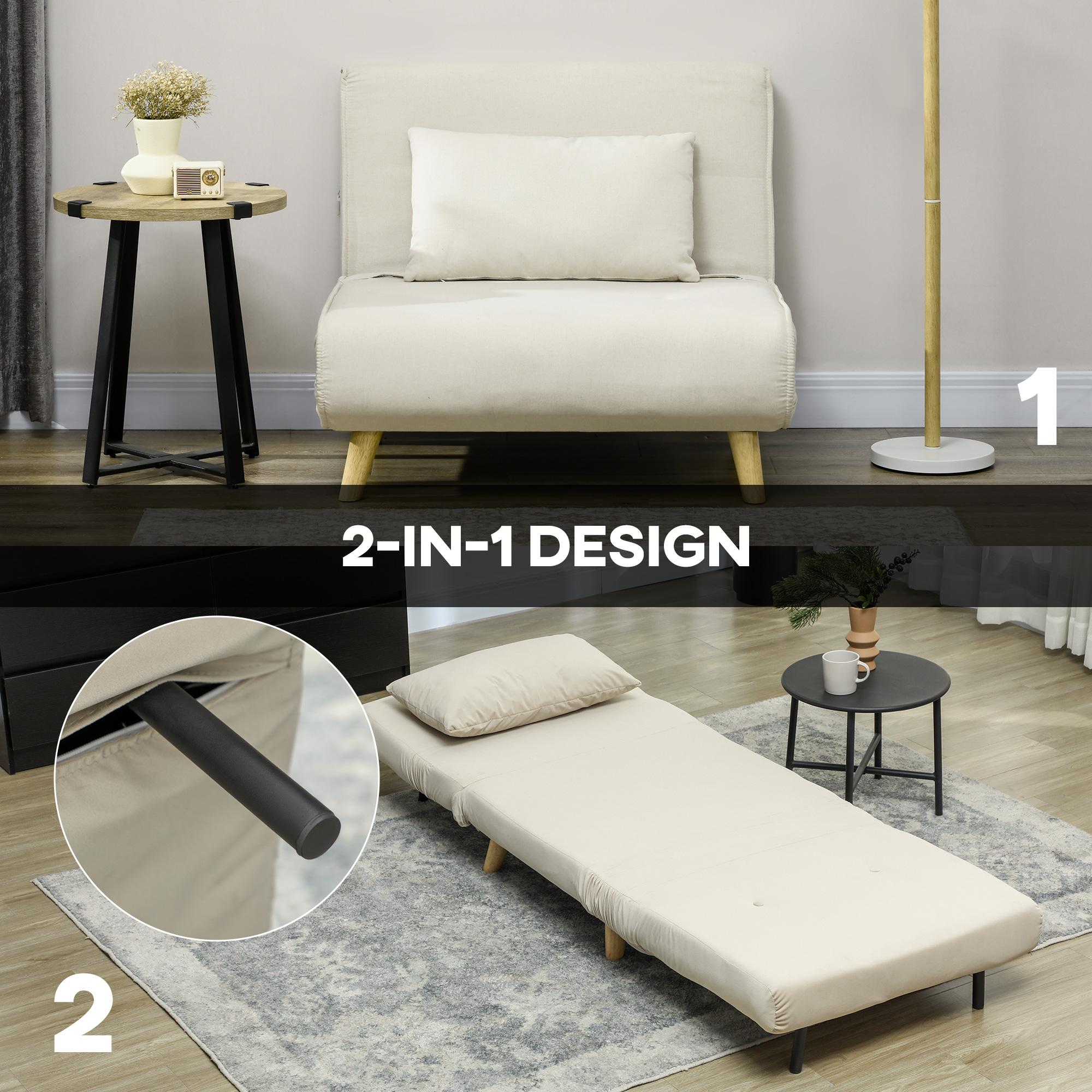 Ein beiges Stuhl-Bett und ein Schlafsofa. Der Stuhl wird in ein Bett umgewandelt. Zwei-in-Eins-Design.
