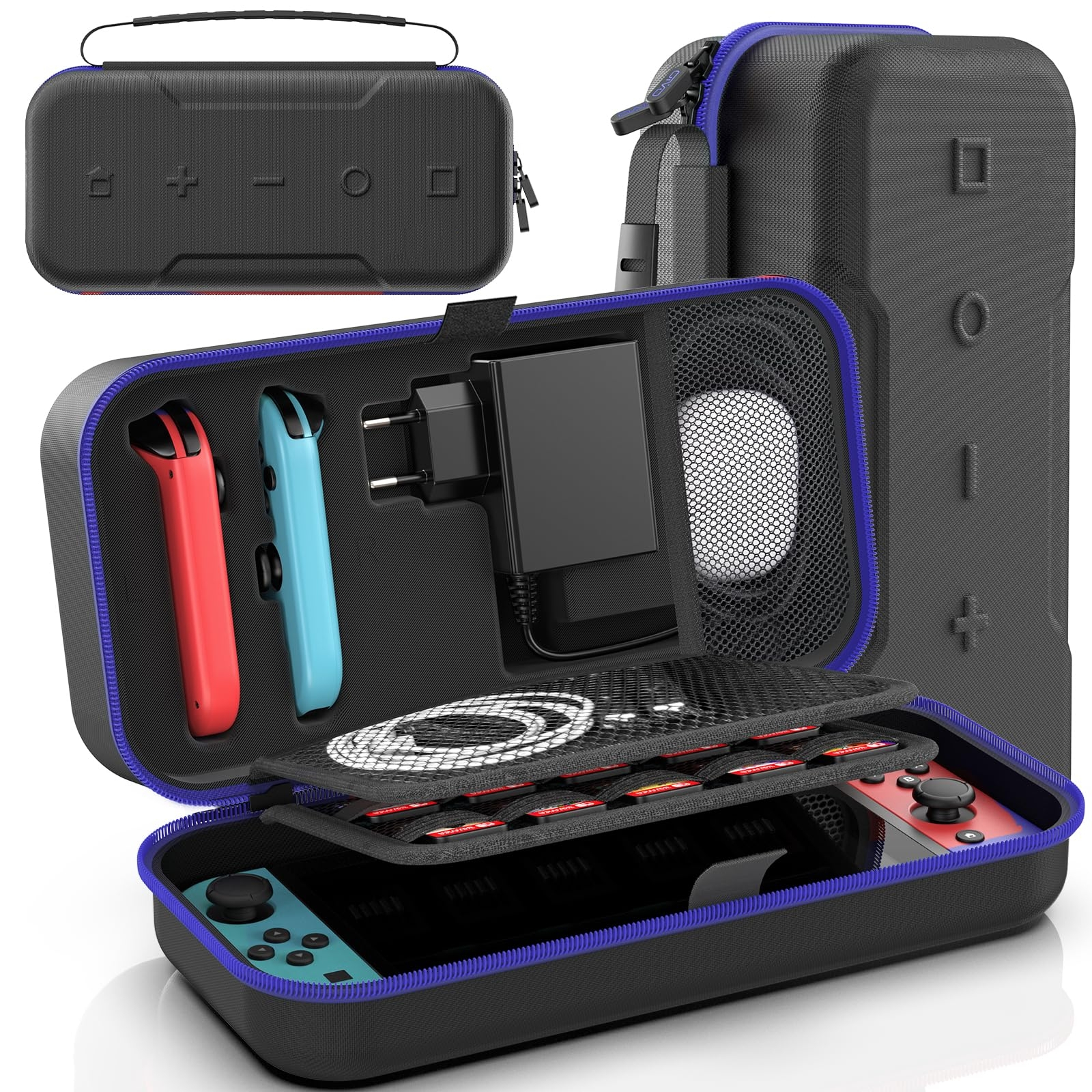 Eine schwarze und blaue Switch-Tragetasche, geöffnet. Enthält Joy-Cons, Ladegerät und Spiele.