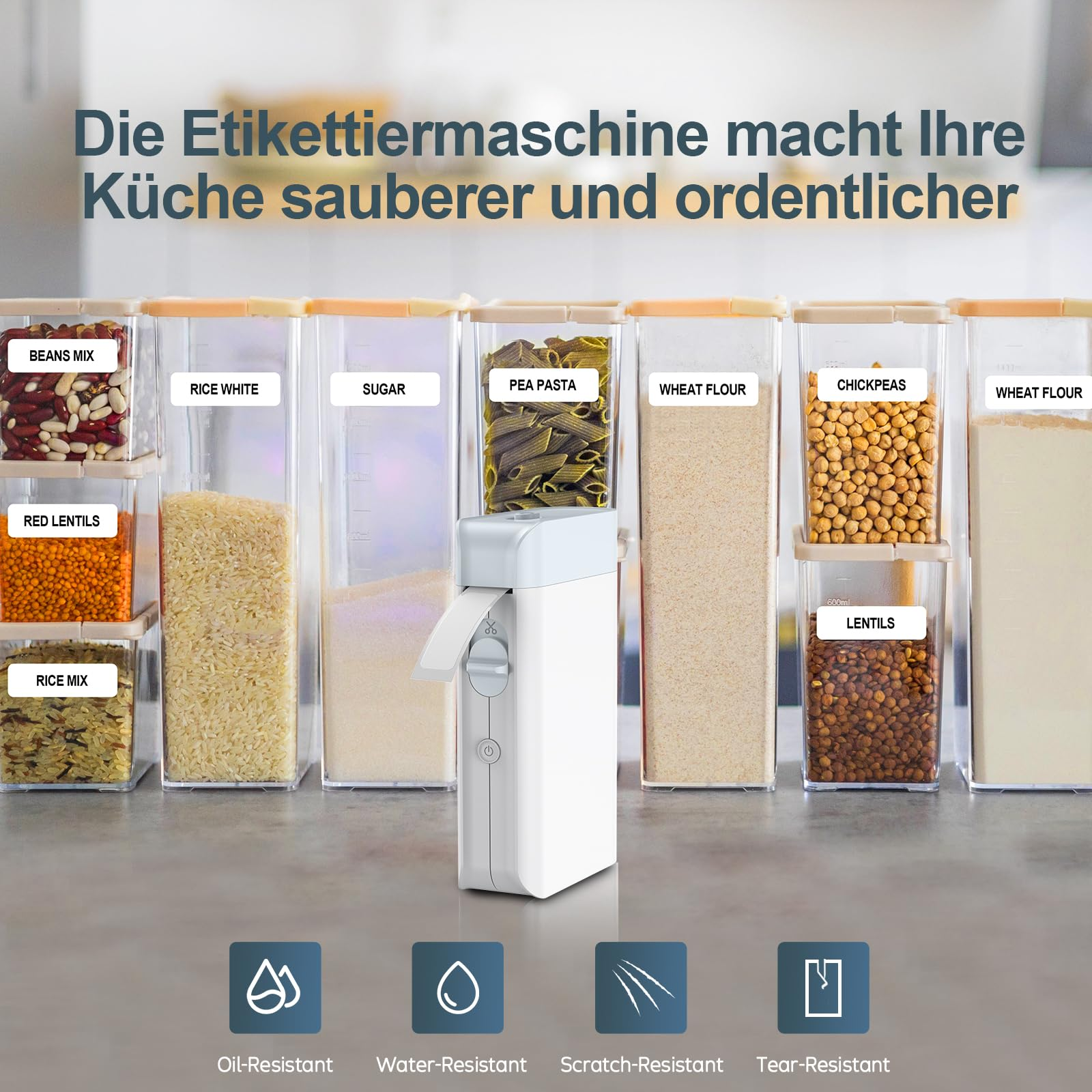 Behälter mit beschrifteten Zutaten. Ein Etikettendrucker steht in der Mitte. Etiketten zeigen Inhalte.