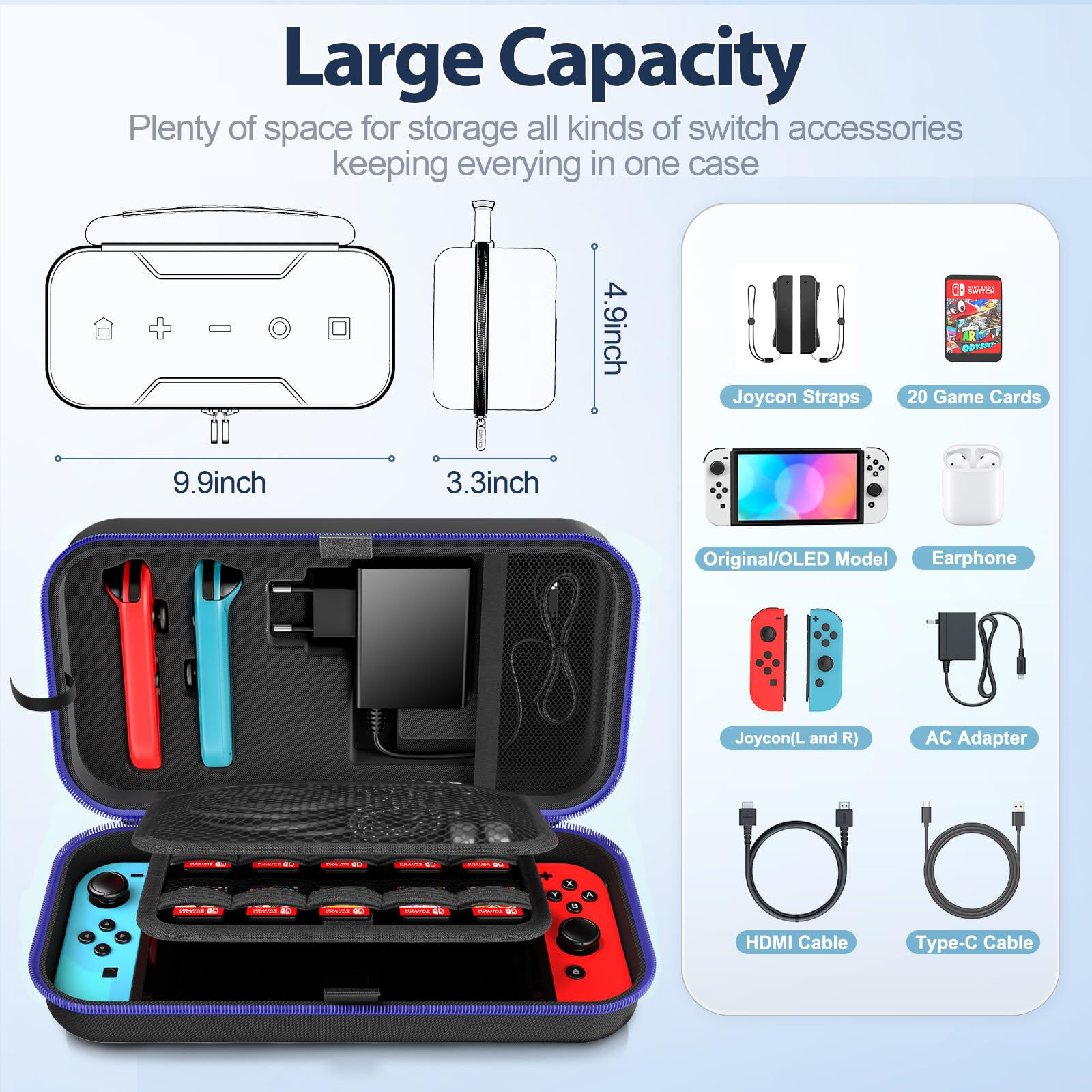 Die Switch-Tragetasche geöffnet, mit Zubehör. Enthält Joycons, Spielkarten, Netzteil und HDMI-Kabel.
