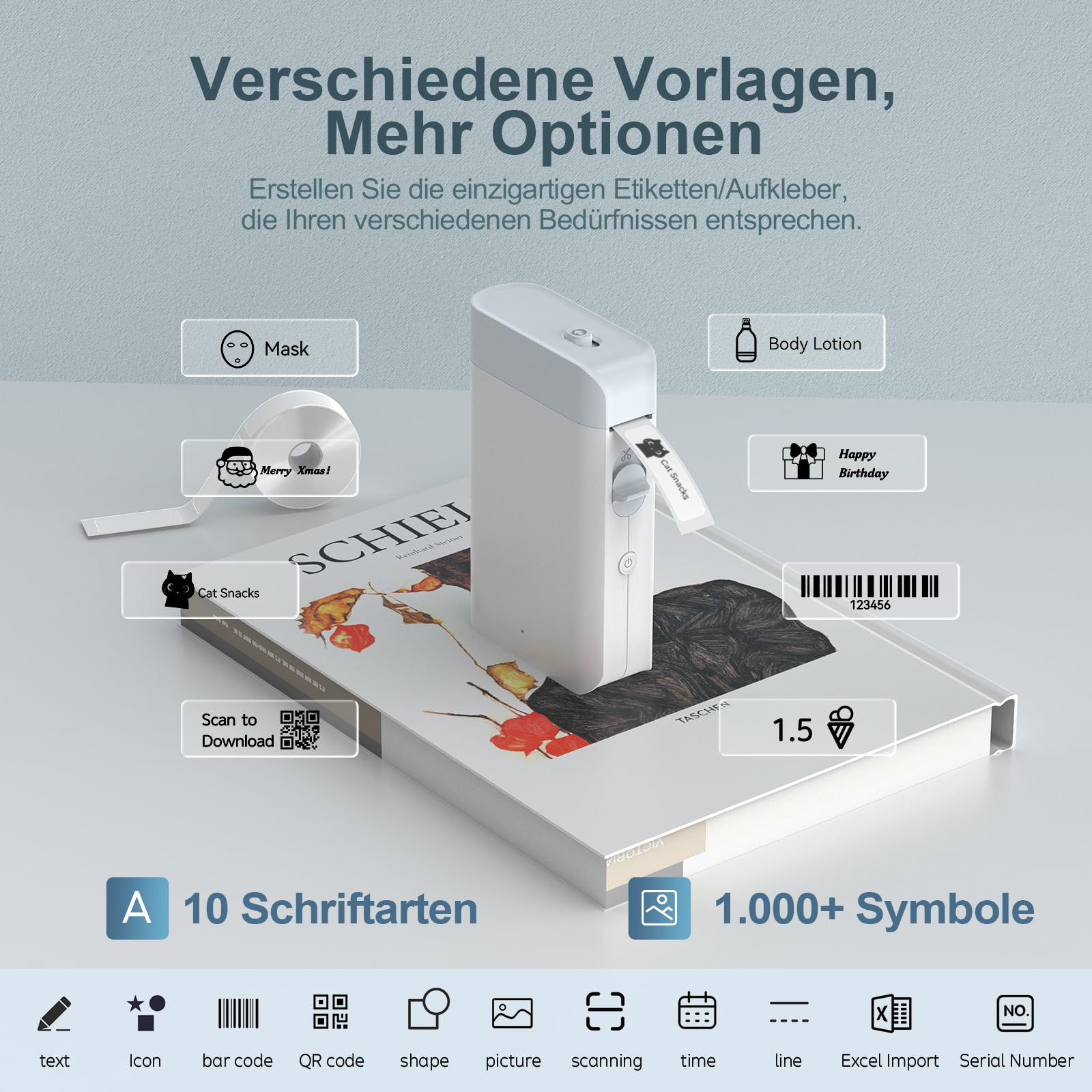 Ein weißer Etikettendrucker mit verschiedenen Etikettendesigns auf einem Buch. Symbole umfassen ein Gesicht, Geschenk, Barcode und mehr. 10 Schriftarten und Symbole.