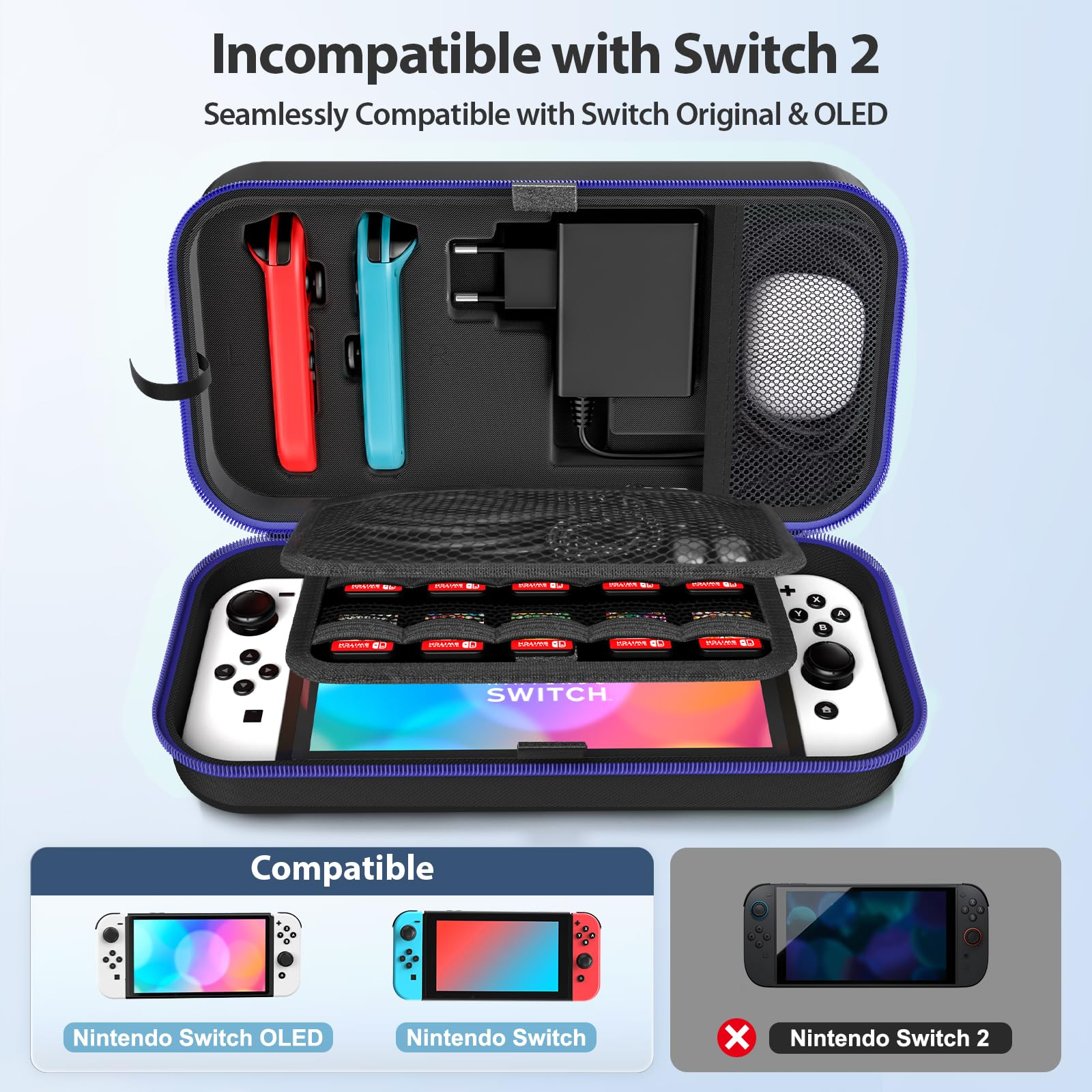Gehäuse für eine Nintendo Switch-Konsole geöffnet, zeigt die Switch, Joy-Cons, Spielkassetten und Netzteil im Inneren.