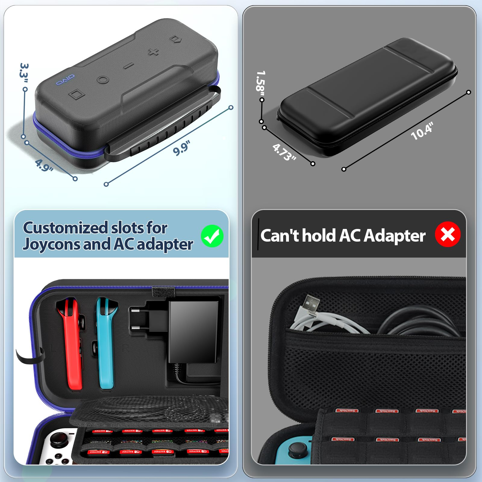 Eine schwarze Tragetasche zeigt ihr Inneres mit einer Nintendo Switch, Joy-Cons, Spielkassetten und einem Netzteil.