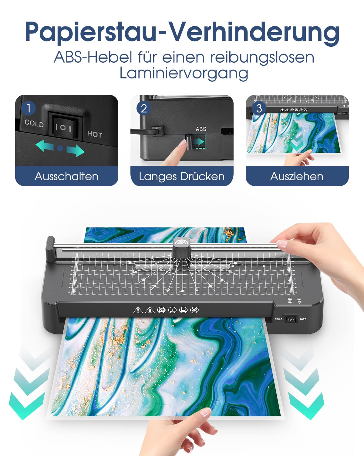 Ein Laminiergerät mit einem Papierstau-Verhinderungshebel und einem schwarz-grauen Design. Es laminiert ein blaues und grünes Papier.