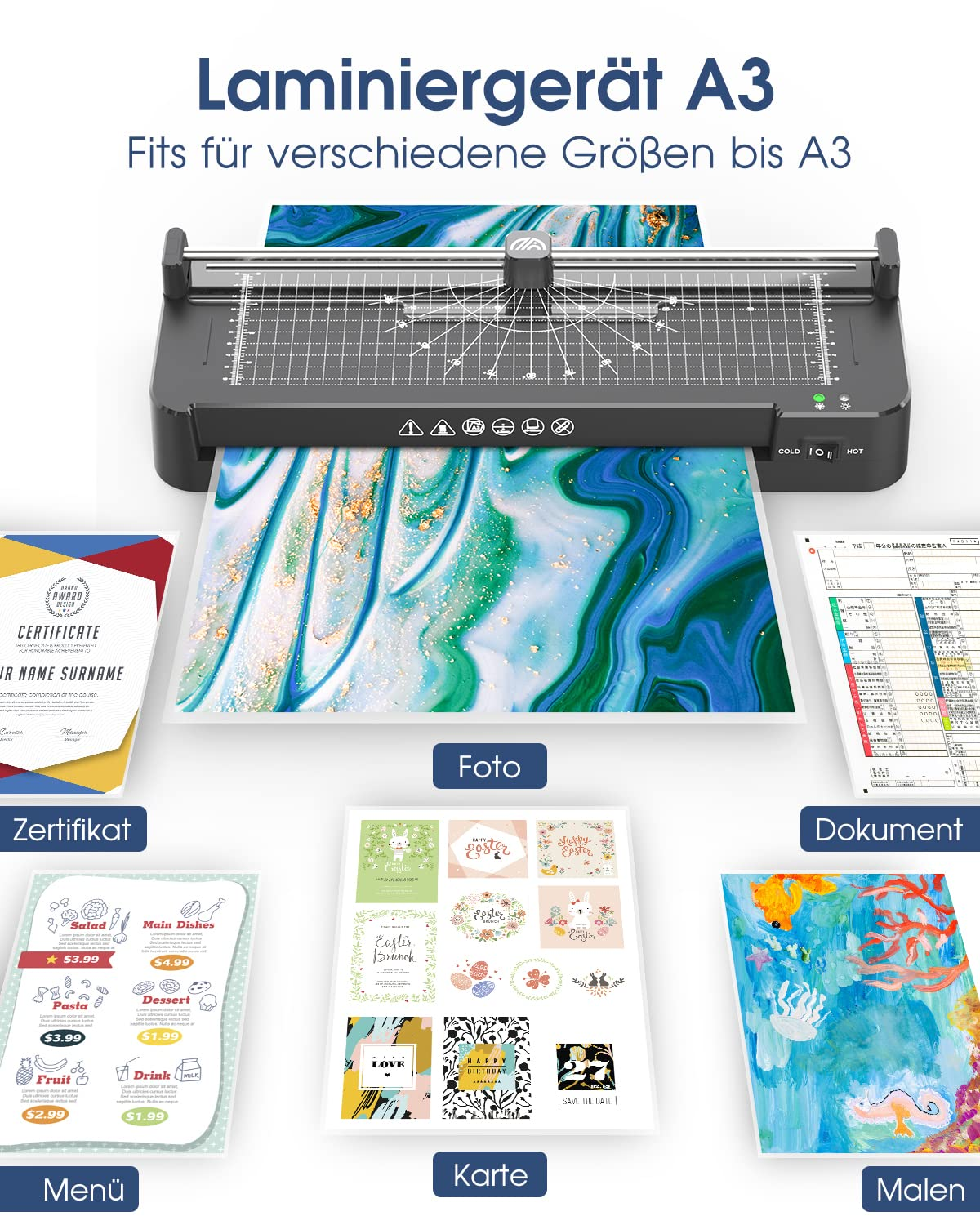 Ein Laminiergerät mit verschiedenen Dokumenten und Fotos. Ein Zertifikat, Foto, Menü, Karte und Zeichnung sind sichtbar.