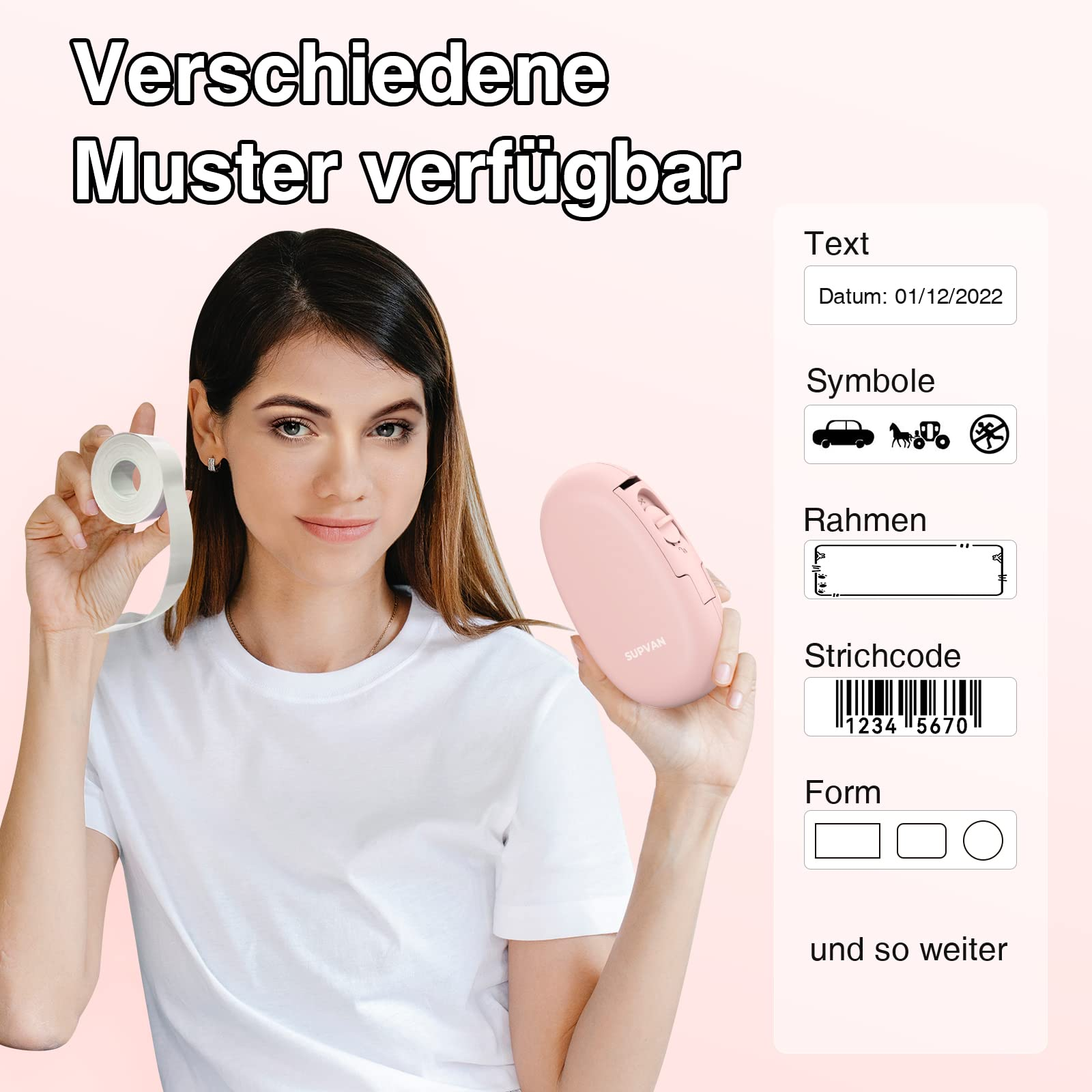 Eine Frau hält einen rosa Etikettendrucker, mit gedrucktem Text und Symbolen. Text und Symbole werden angezeigt.