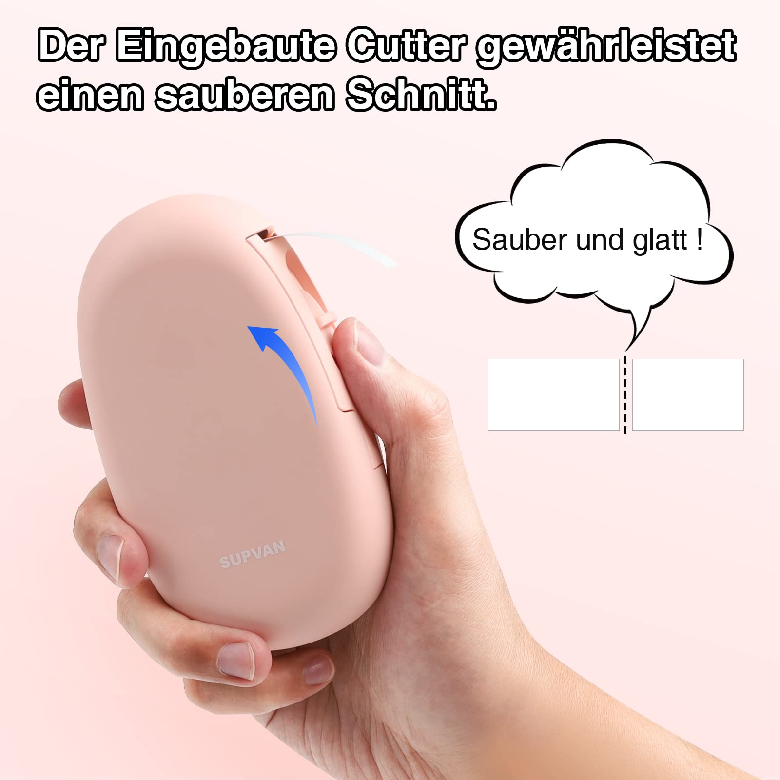Die Hand einer Person hält einen rosa Etikettendrucker und zeigt den Schneidemechanismus und ein geschnittenes Etikett. Der Text sagt, es ist sauber.