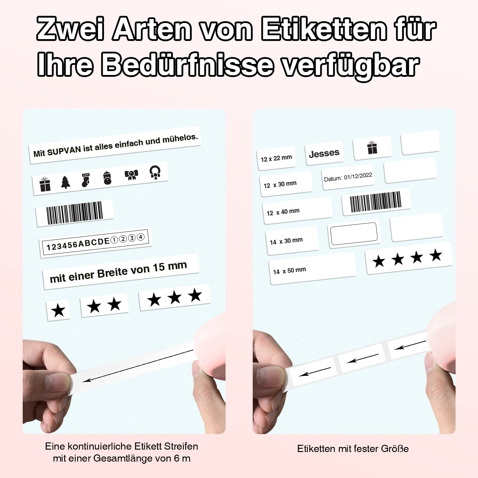 Zwei Hände zeigen Etikettenbänder mit verschiedenen Formaten und Text. Verschiedene Etikettengrößen und Texte werden angezeigt.