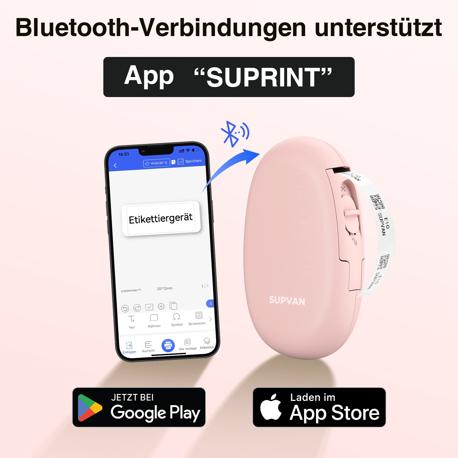 Ein rosa Etikettendrucker mit einem Smartphone, das eine Etikettendesign-App zeigt.