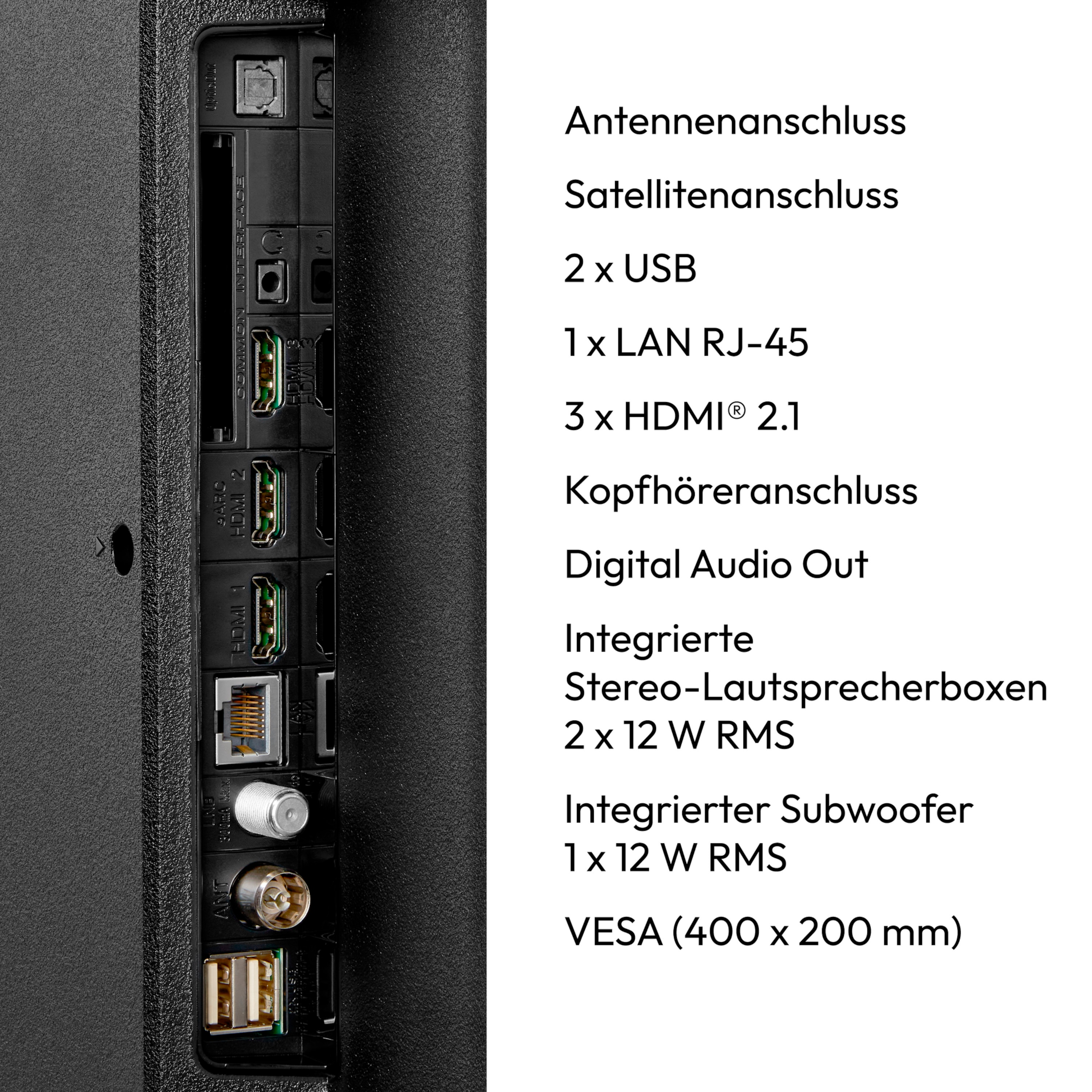 Eine Nahaufnahme der Rückseite eines Fernsehers, die Anschlüsse für Antenne, HDMI, USB und Audio zeigt.