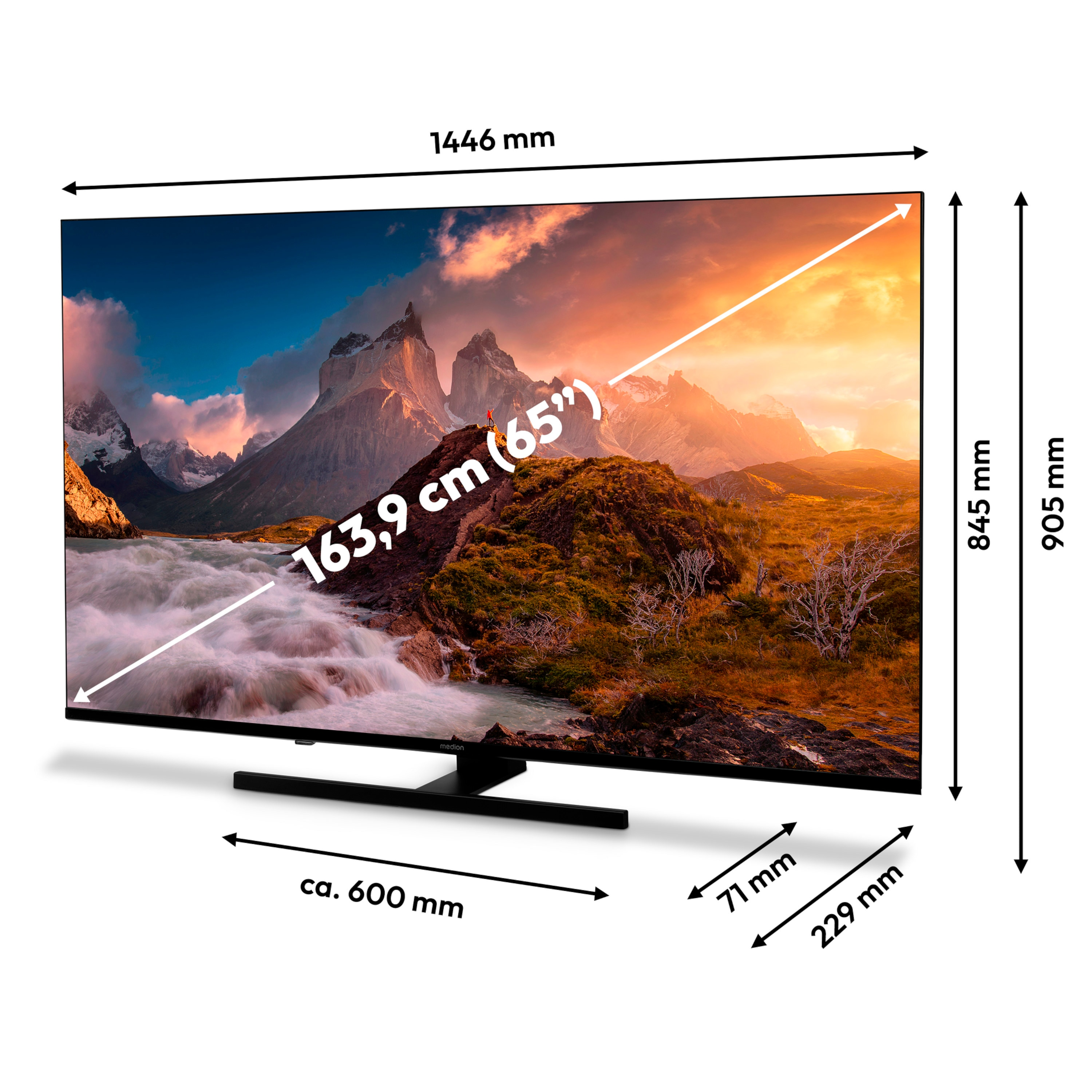 Ein großer Fernsehbildschirm zeigt eine malerische Landschaft. Abmessungen sind angegeben, mit einem 65-Zoll-Bildschirm.