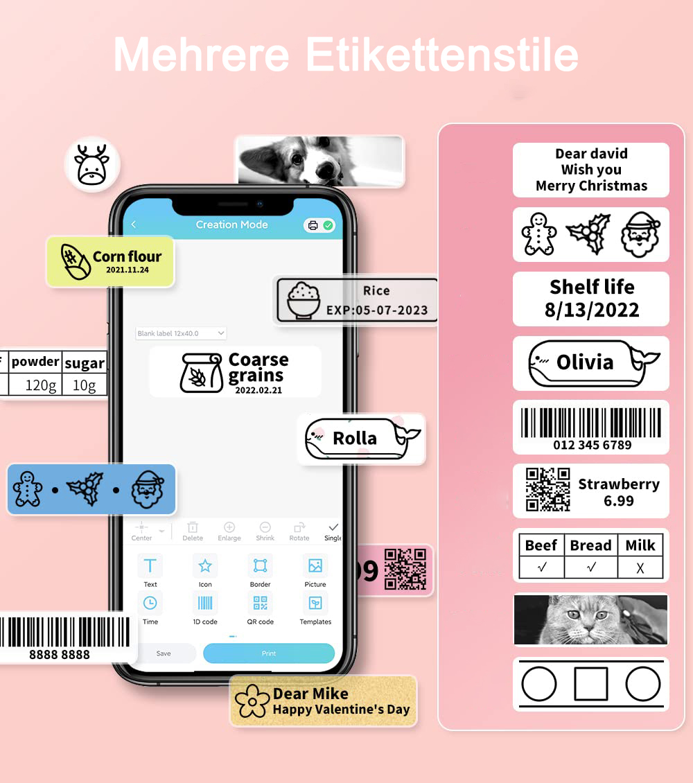 Ein Smartphone zeigt Etikettendesigns für verschiedene Artikel an und demonstriert die Fähigkeiten eines Etikettendruckers.