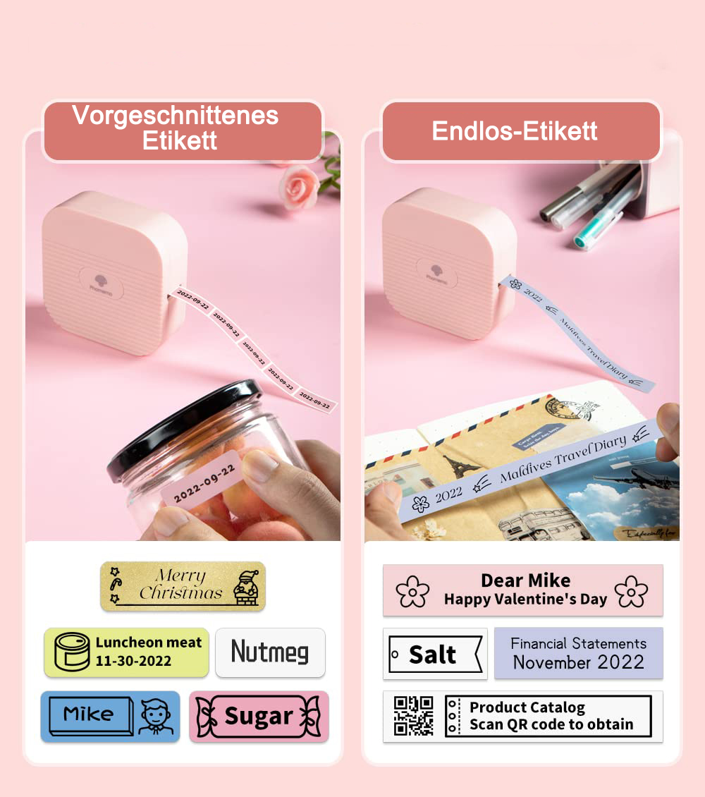 Verschiedene Etiketten werden mit Datum, Artikelname und Symbolen angezeigt, die die Vielseitigkeit eines Etikettendruckers demonstrieren.