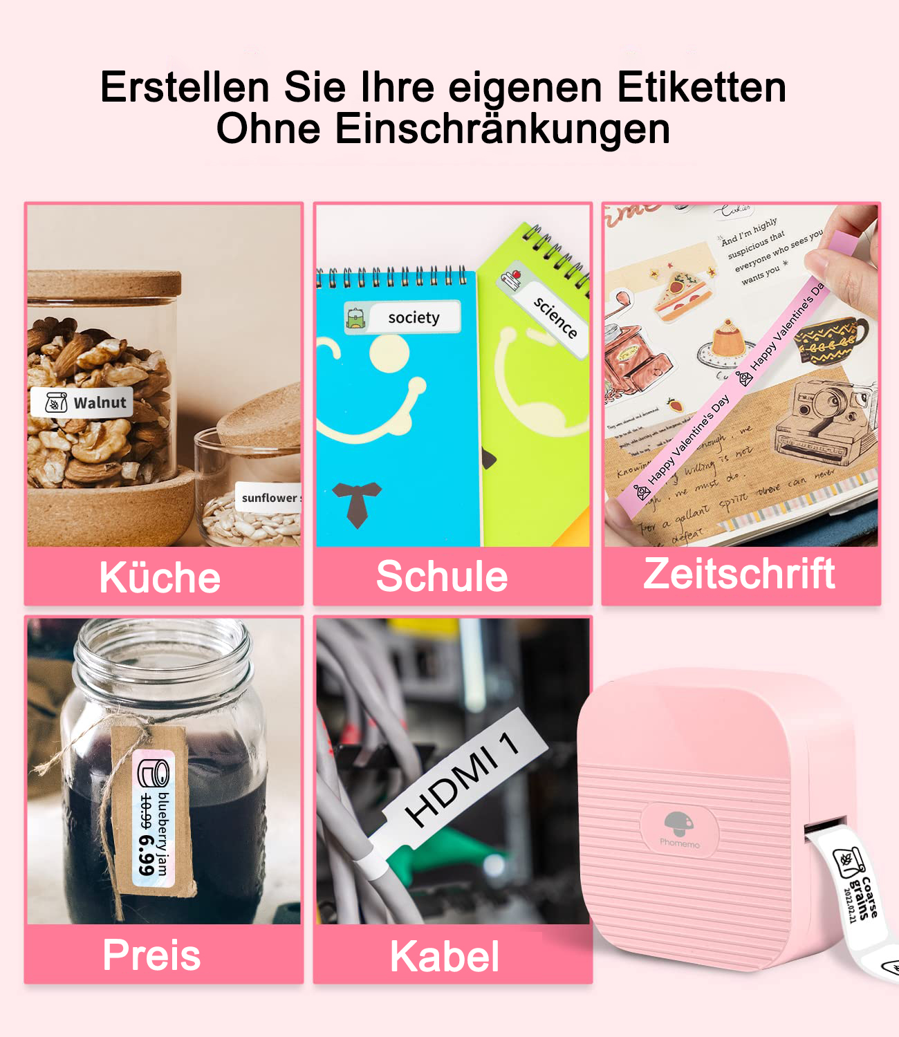 Etiketten auf Gläsern und Notizbüchern. Auf den Etiketten steht 'Walnut', 'Society', 'Science' und 'Happy Valentine's Day'.