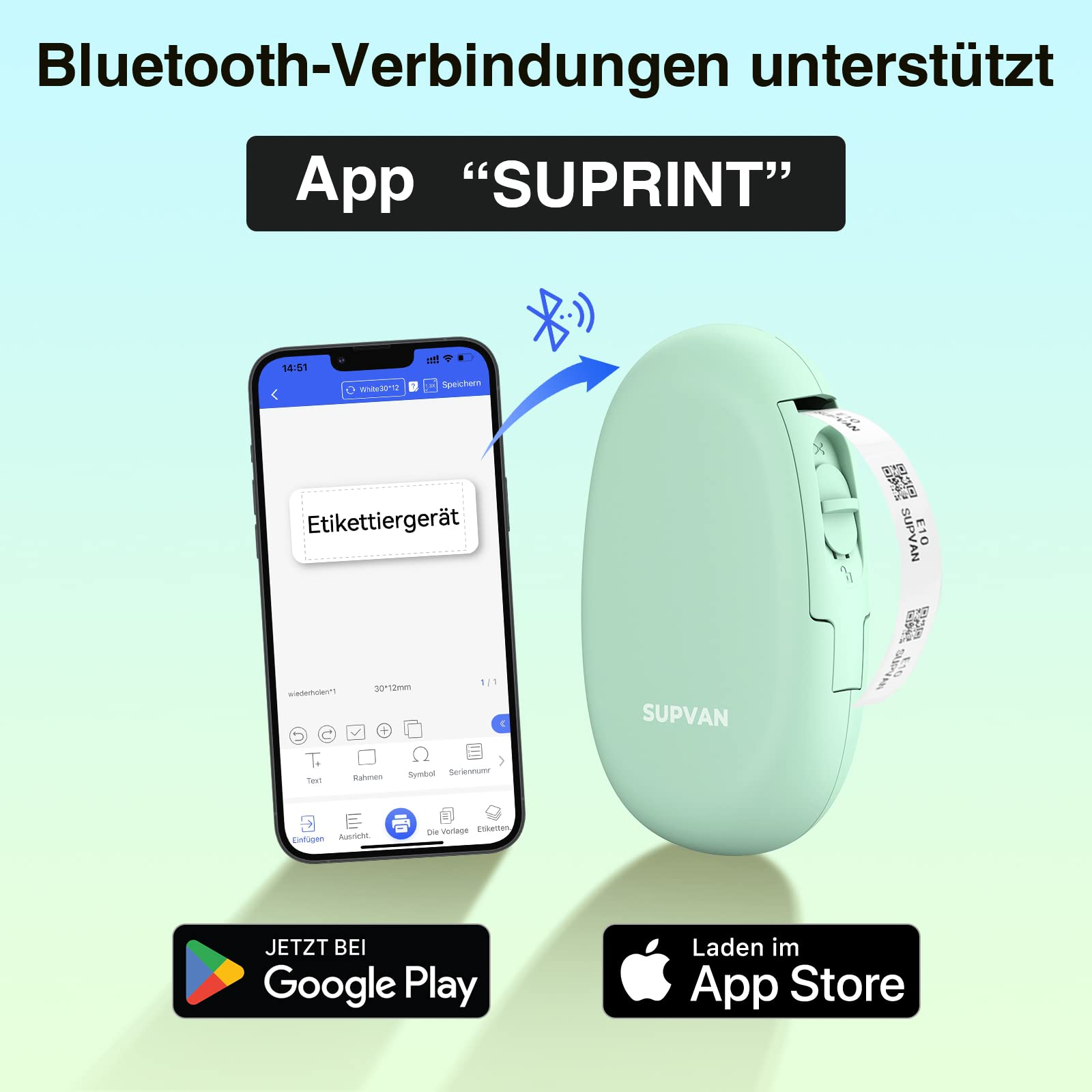 Ein mintgrüner Etikettendrucker liegt mit einem Telefon auf einem Tisch, das die App zeigt.