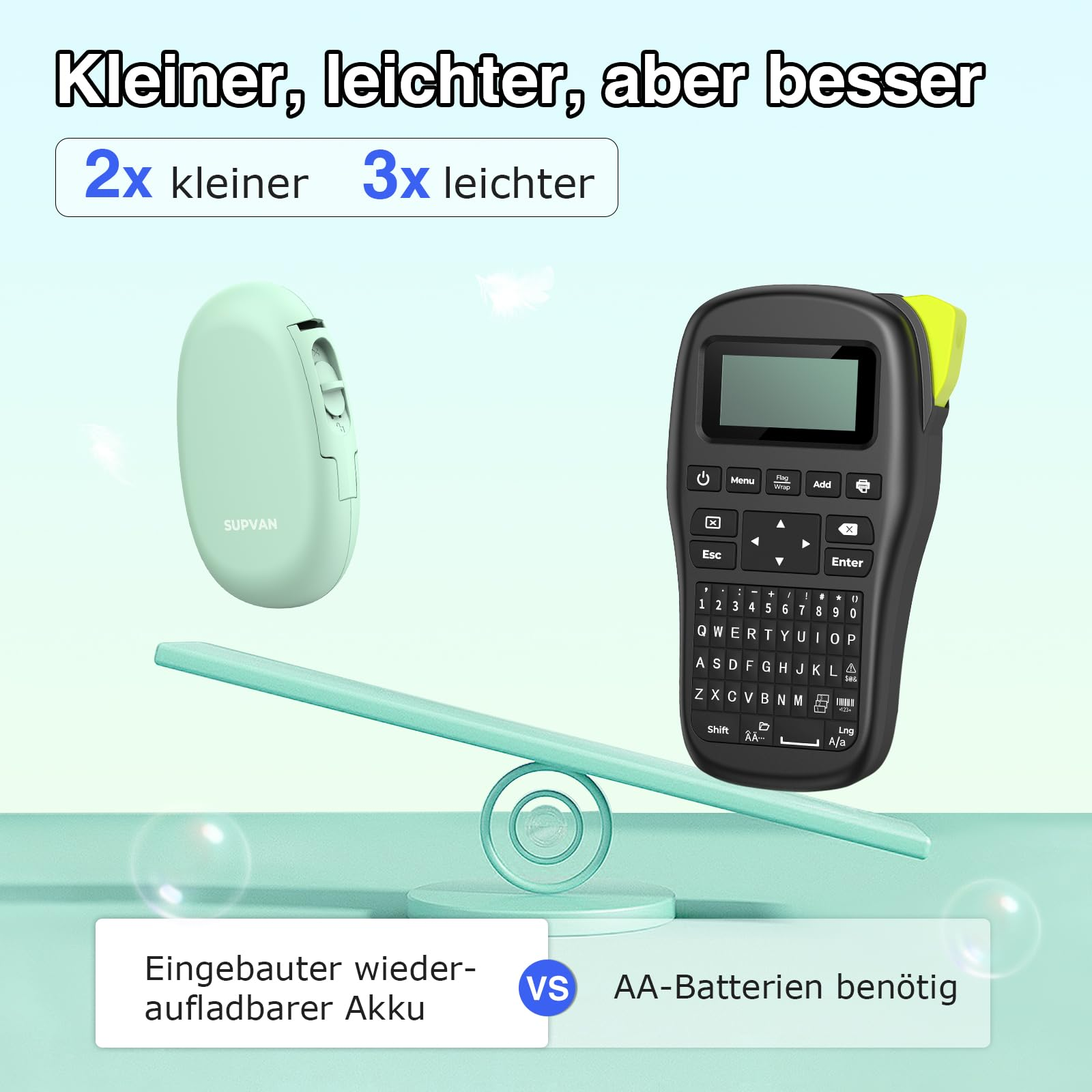 Ein mintgrüner Etikettendrucker und ein schwarzer Etikettendrucker liegen auf einer Waage.